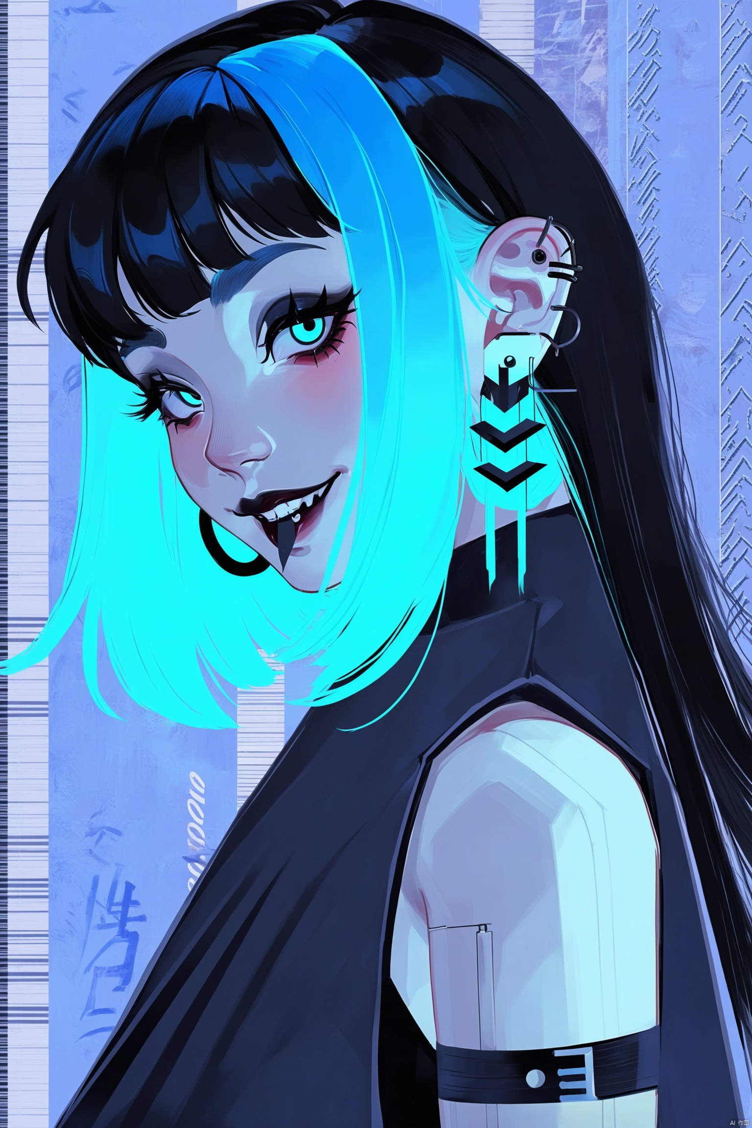 ,digital art illustration,Blue hair, barcode earring, gothic clothing, confident smile, mysterious, edgy, futuristic, cyberpunk, cool, enigmatic.