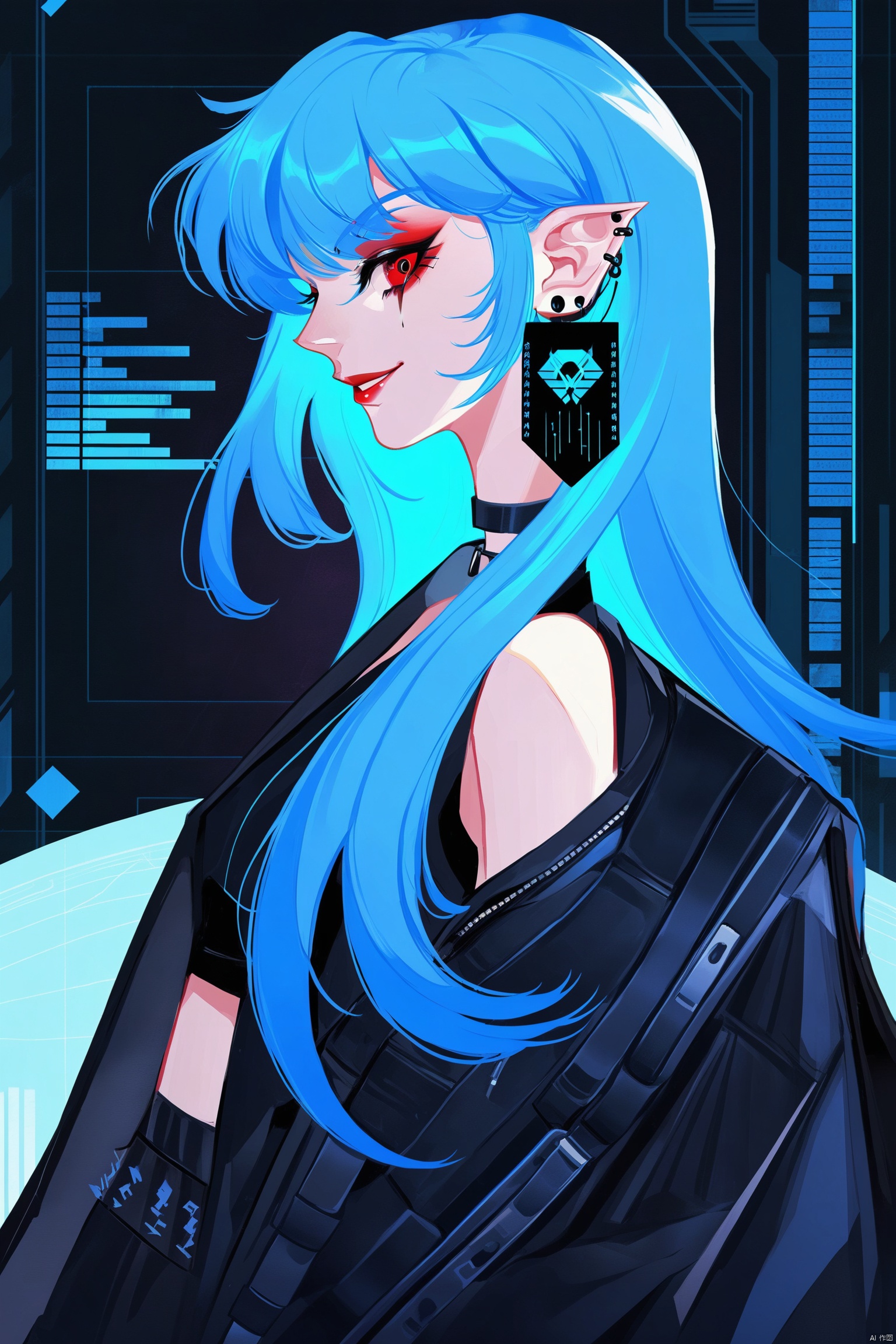 ,digital art illustration,Blue hair, barcode earring, gothic clothing, confident smile, mysterious, edgy, futuristic, cyberpunk, cool, enigmatic.