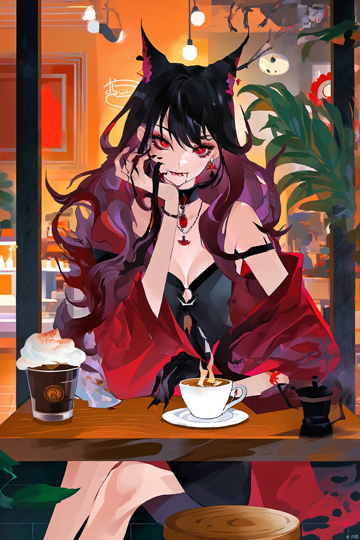  digital art illustration,迷人妩媚又带有危险气息的女生坐在咖啡店里