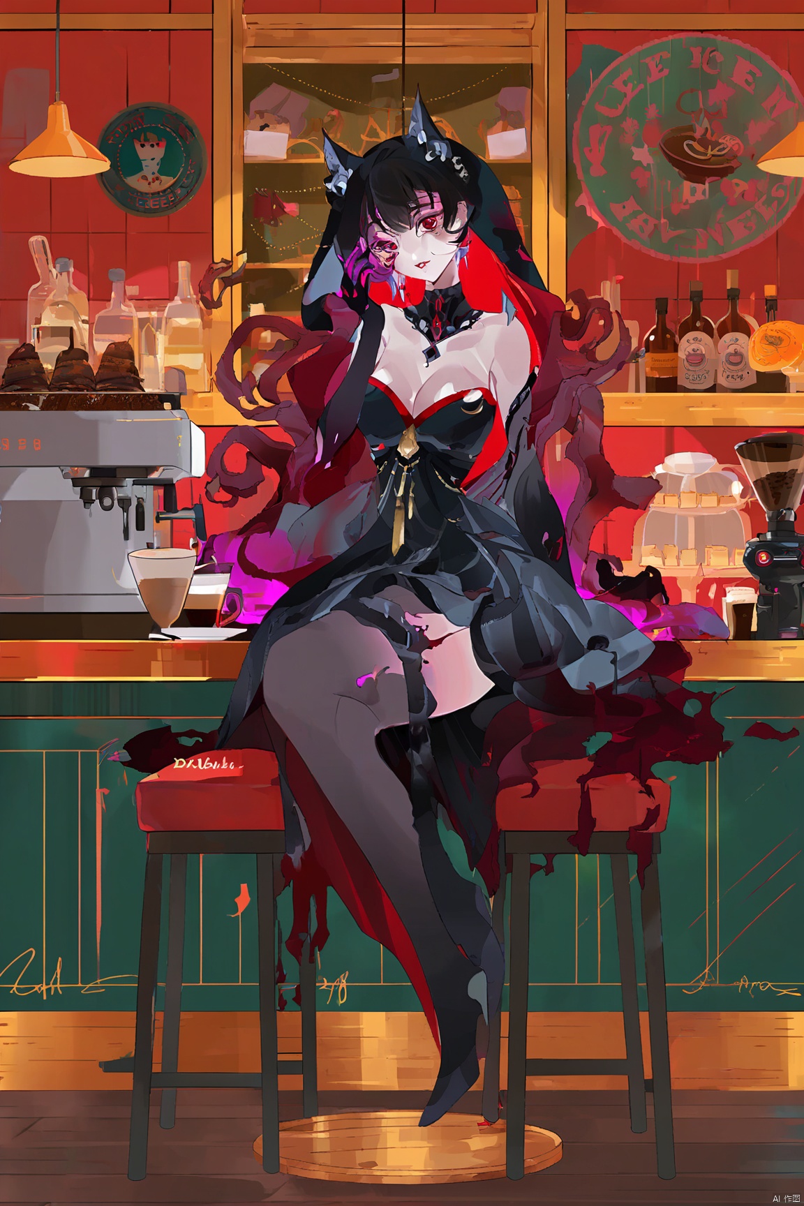  digital art illustration,迷人妩媚又带有危险气息的女生坐在咖啡店里
