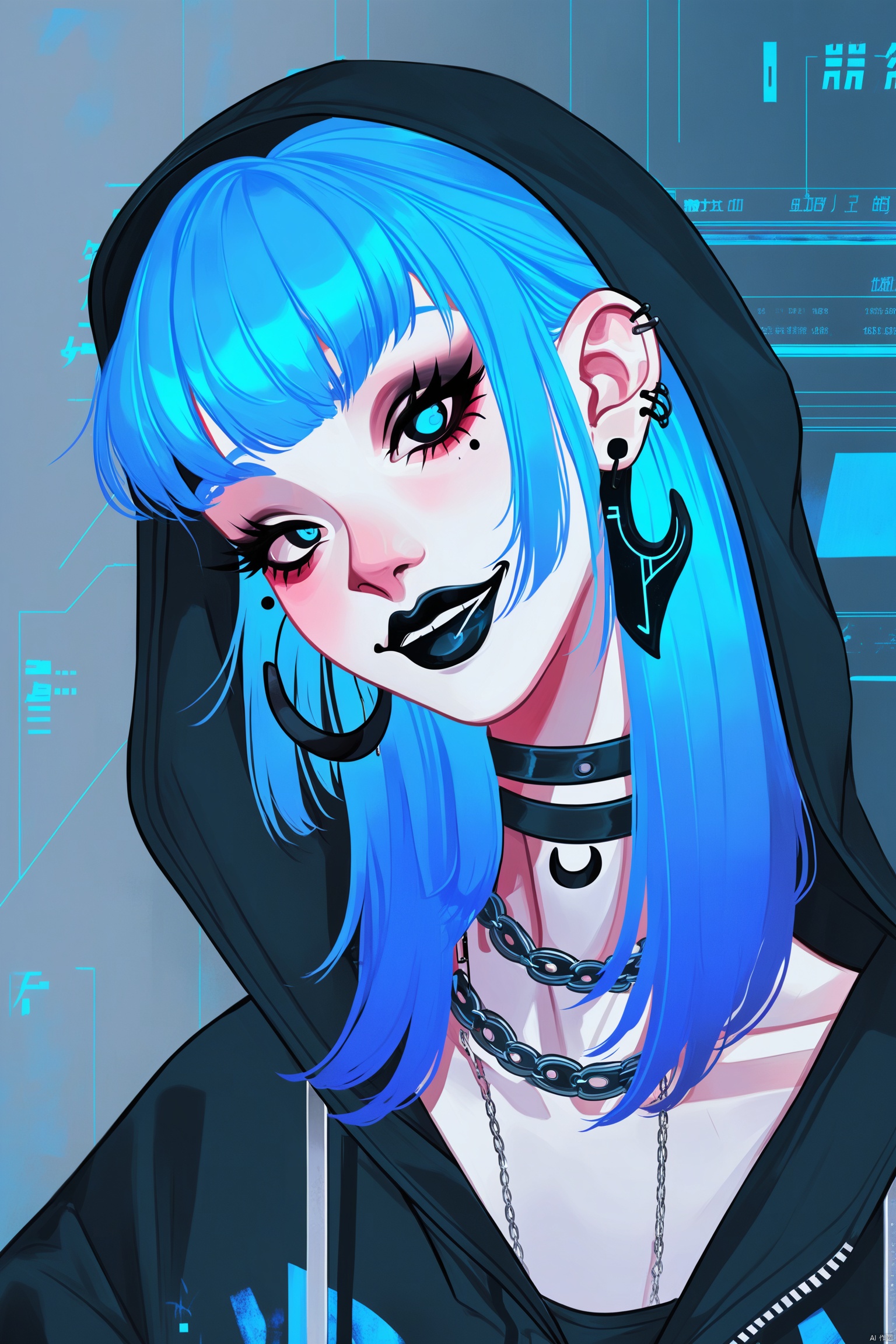 ,digital art illustration,Blue hair, barcode earring, gothic clothing, confident smile, mysterious, edgy, futuristic, cyberpunk, cool, enigmatic.