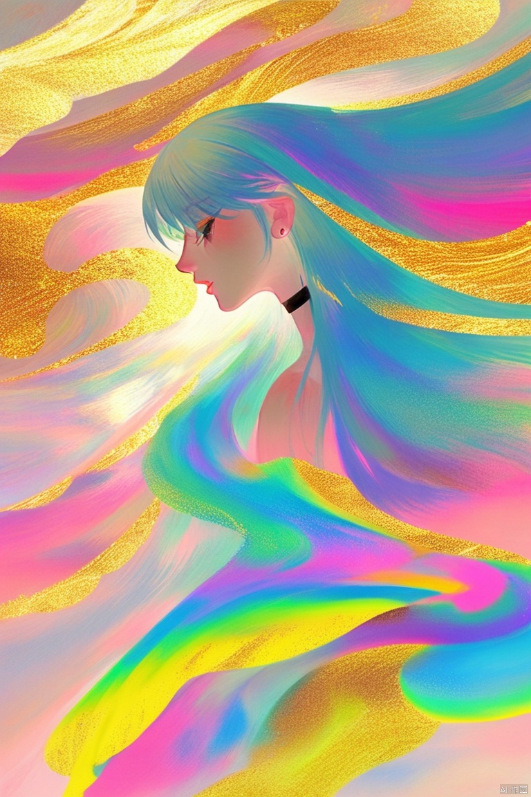 digital art illustration,一个女子的头像,抽象艺术,微距摄影,五颜六色的流沙,金粉闪闪,充满流体质感,整体五彩斑斓,梦幻色调,柔和色彩,