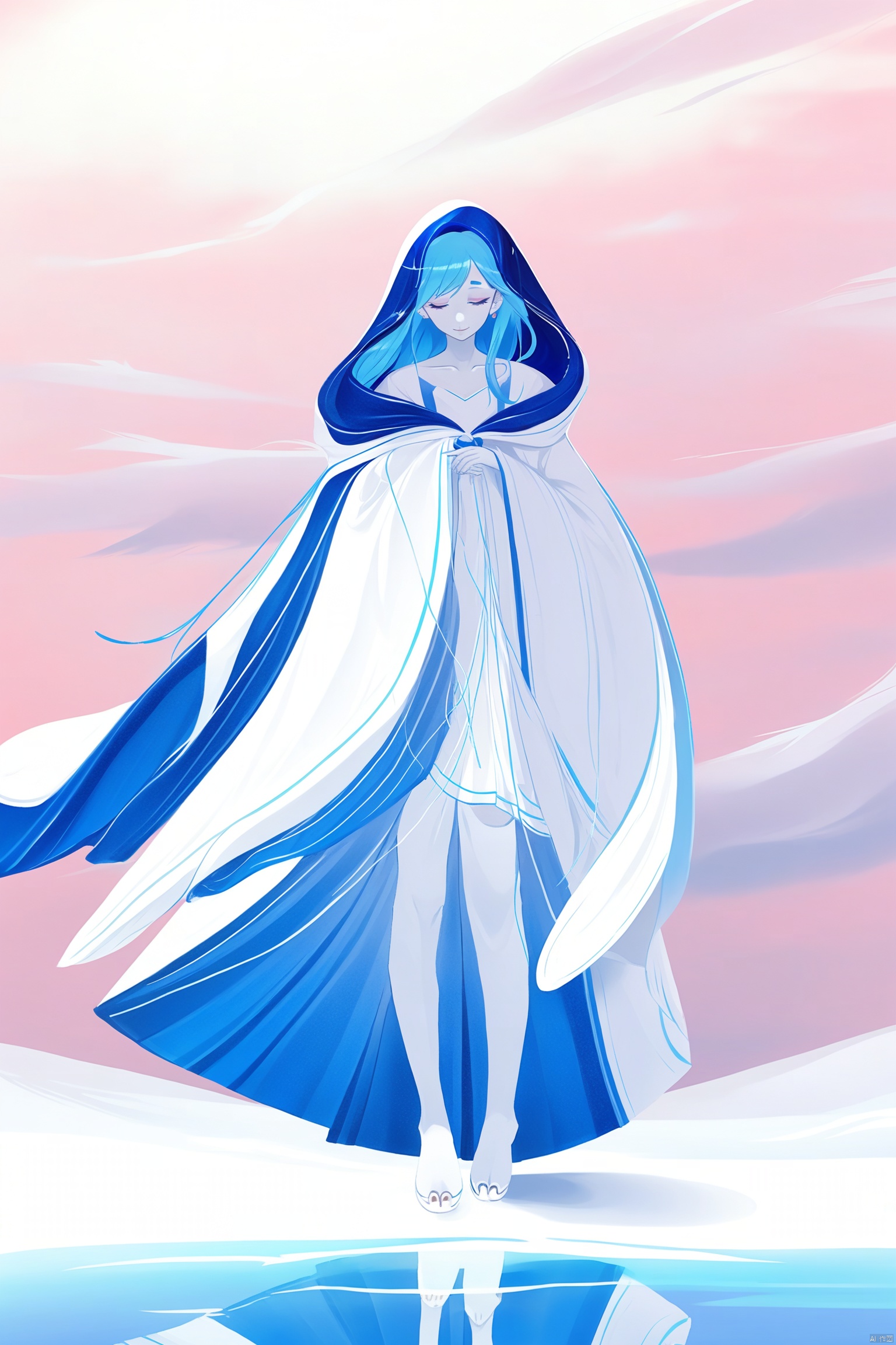 ,digital art illustration,Blue-haired anime character with a serene expression, wearing a flowing white dress with a blue cape, standing by the water under a soft pink sky, conveying a peaceful and mystical atmosphere.