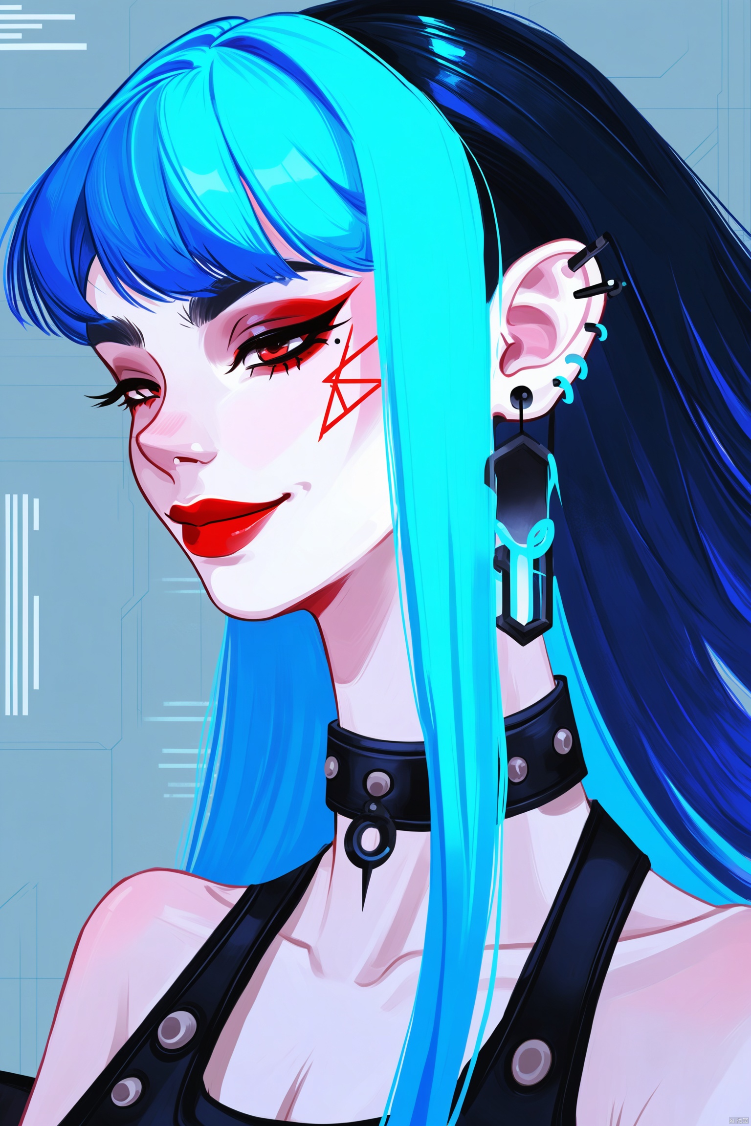 ,digital art illustration,Blue hair, barcode earring, gothic clothing, confident smile, mysterious, edgy, futuristic, cyberpunk, cool, enigmatic.