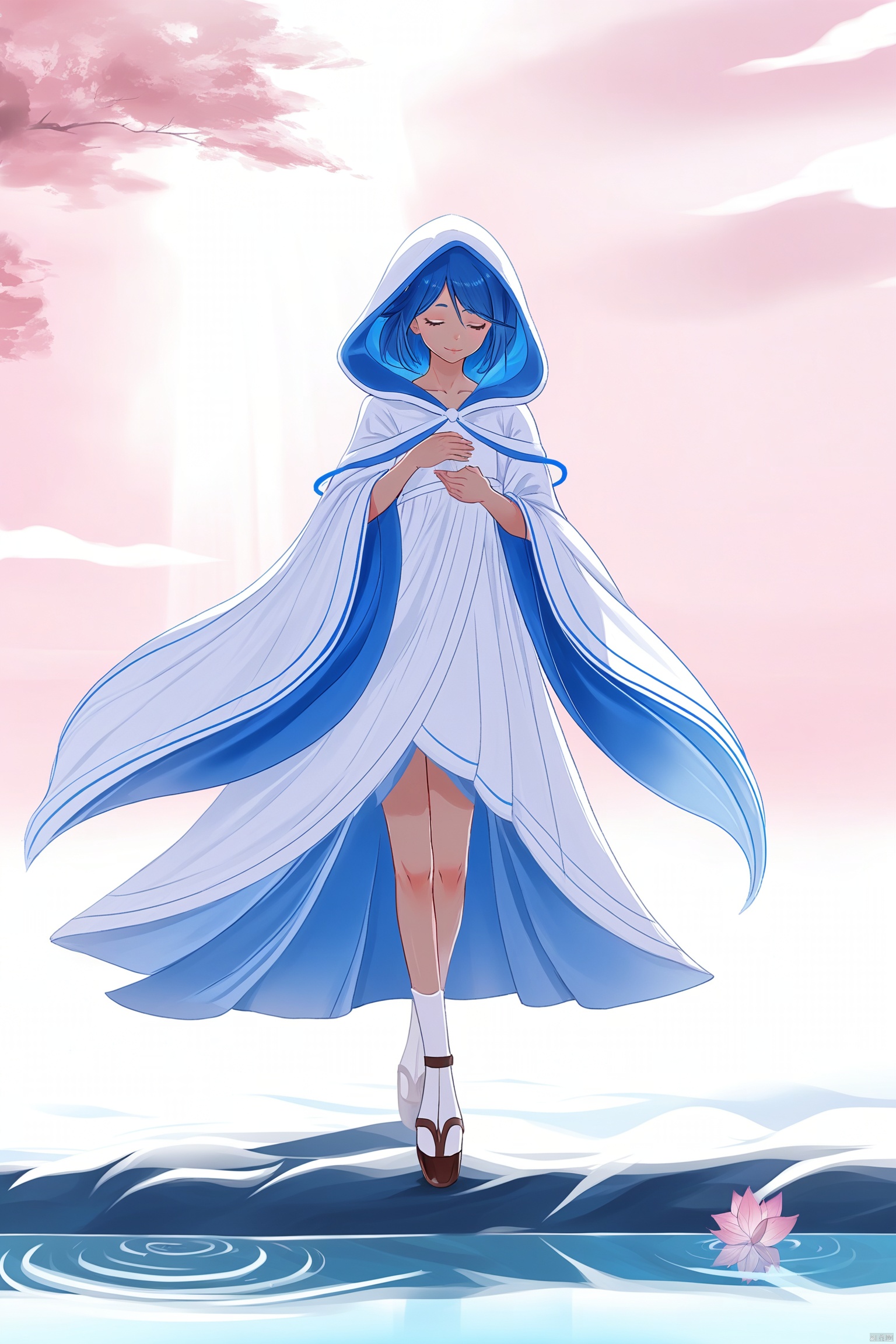 ,digital art illustration,Blue-haired anime character with a serene expression, wearing a flowing white dress with a blue cape, standing by the water under a soft pink sky, conveying a peaceful and mystical atmosphere.