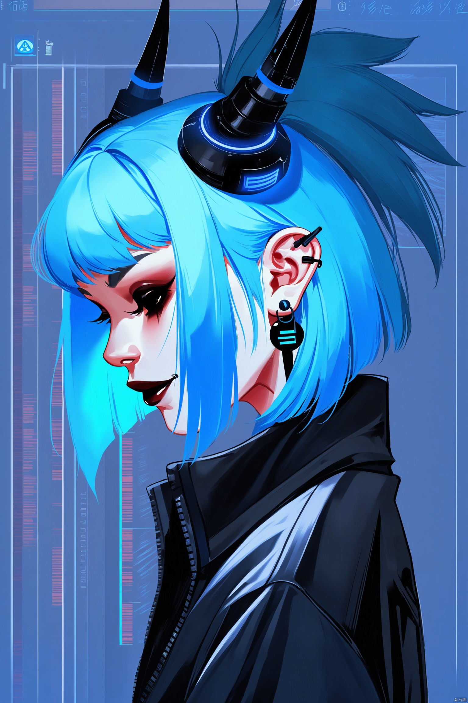 ,digital art illustration,Blue hair, barcode earring, gothic clothing, confident smile, mysterious, edgy, futuristic, cyberpunk, cool, enigmatic.