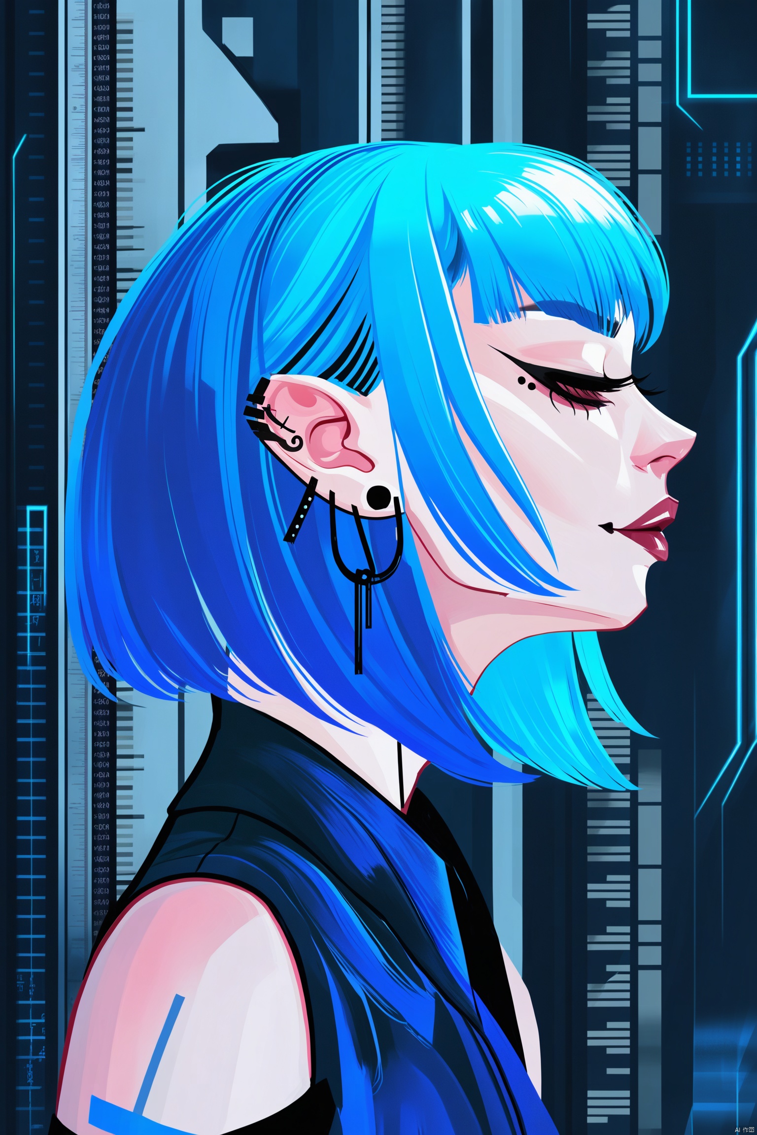 ,digital art illustration,Blue hair, barcode earring, gothic clothing, confident smile, mysterious, edgy, futuristic, cyberpunk, cool, enigmatic.