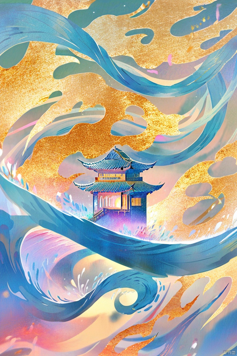  digital art illustration,微距摄影,五颜六色的流沙,金粉闪闪,充满流体质感,整体五彩斑斓,梦幻色调,柔和色彩,俯视角度,水纹清晰。在波浪之间竖起一座剪纸做的中式楼阁。