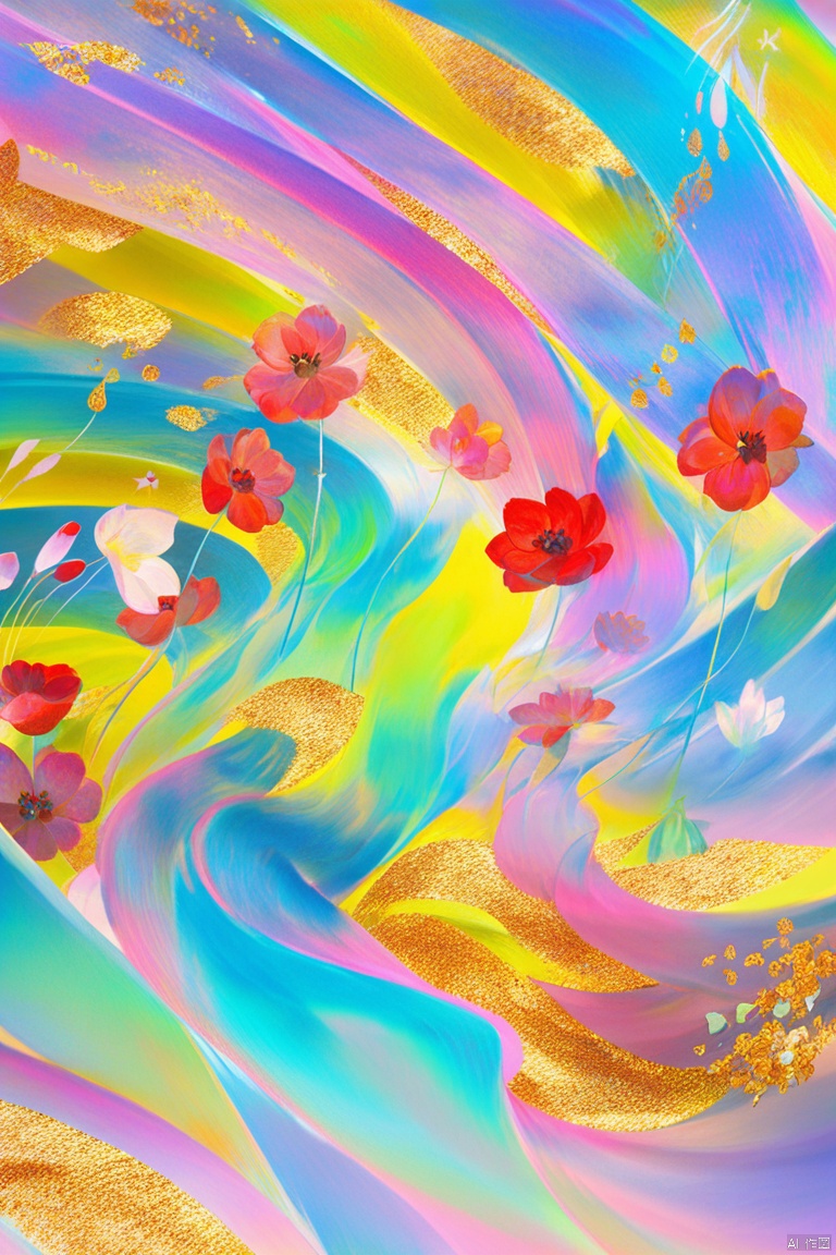 digital art illustration,女孩半身像,花朵环绕,分型艺术,抽象艺术,微距摄影,五颜六色的流沙,金粉闪闪,充满流体质感,整体五彩斑斓,梦幻色调,柔和色彩,