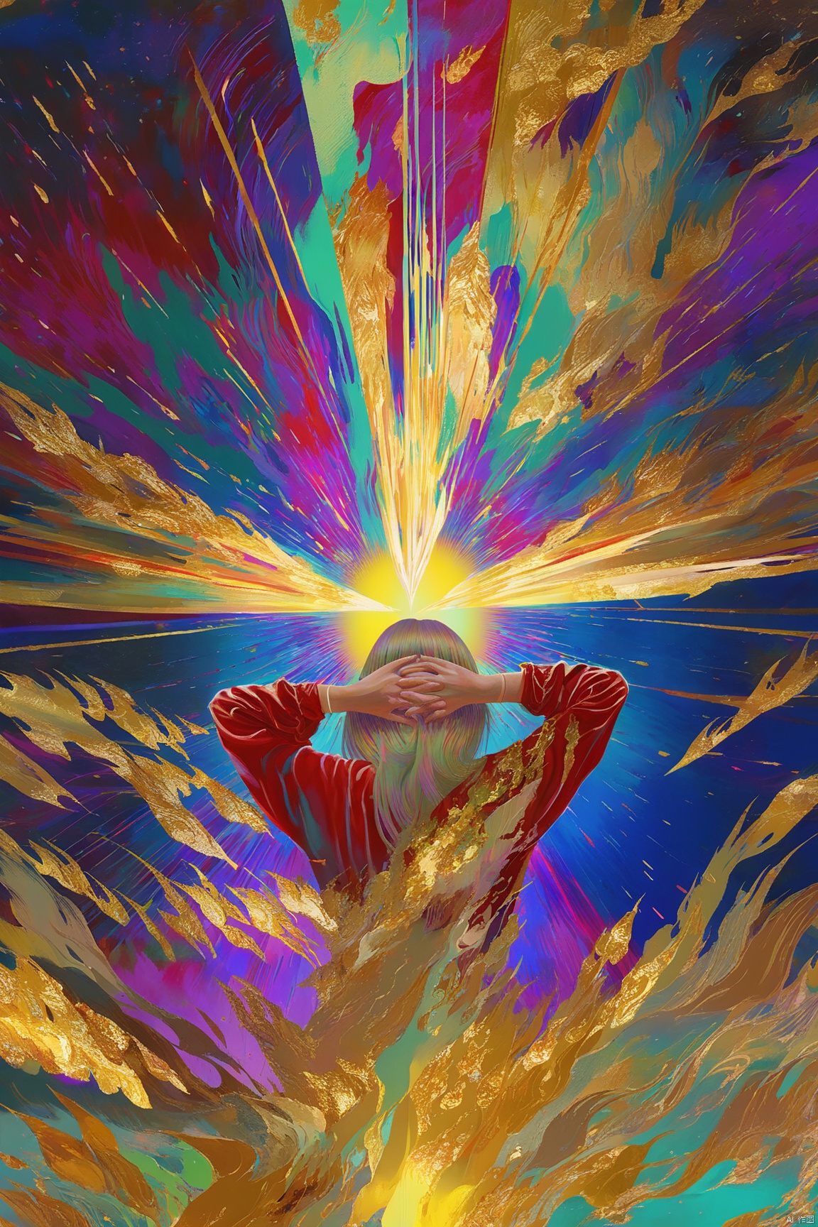 digital art illustration,倾斜移动空间双手放在脑后柔软从后面放松拍摄,动态构图,色彩丰富,超现实,戏剧性,细节,清晰聚焦,错综复杂,细节精细,电影般,全彩,优雅,非常连贯,色彩,美学,高度饱和,深皇家,美丽,有吸引力,神圣,未来主义,增强,背景令人惊叹,发光,思考,神奇,精致