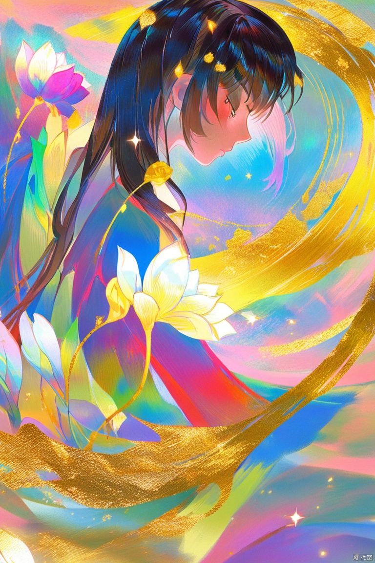 digital art illustration,女孩半身像,花朵环绕,分型艺术,抽象艺术,微距摄影,五颜六色的流沙,金粉闪闪,充满流体质感,整体五彩斑斓,梦幻色调,柔和色彩,