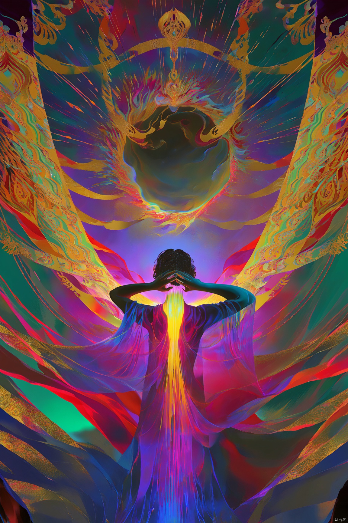 digital art illustration,倾斜移动空间双手放在脑后柔软从后面放松拍摄,动态构图,色彩丰富,超现实,戏剧性,细节,清晰聚焦,错综复杂,细节精细,电影般,全彩,优雅,非常连贯,色彩,美学,高度饱和,深皇家,美丽,有吸引力,神圣,未来主义,增强,背景令人惊叹,发光,思考,神奇,精致