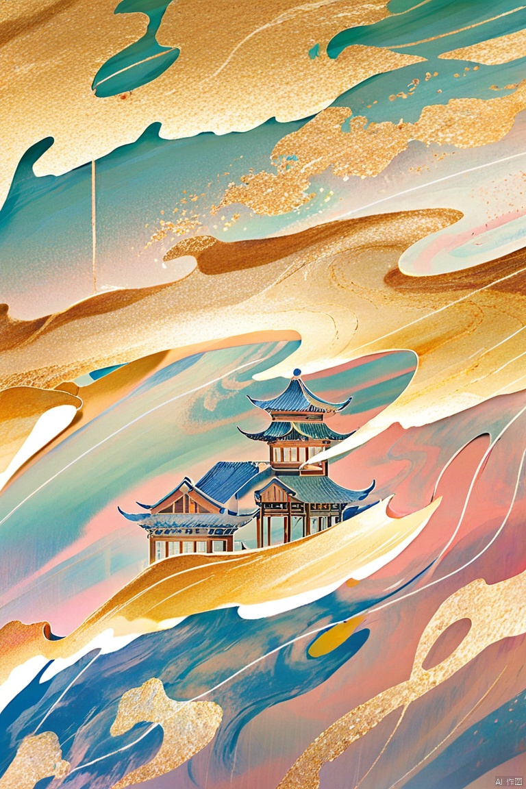  digital art illustration,微距摄影,五颜六色的流沙,金粉闪闪,充满流体质感,整体五彩斑斓,梦幻色调,柔和色彩,俯视角度,水纹清晰。在波浪之间竖起一座剪纸做的中式楼阁。