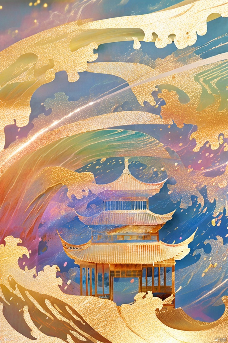  digital art illustration,微距摄影,五颜六色的流沙,金粉闪闪,充满流体质感,整体五彩斑斓,梦幻色调,柔和色彩,俯视角度,水纹清晰。在波浪之间竖起一座剪纸做的中式楼阁。