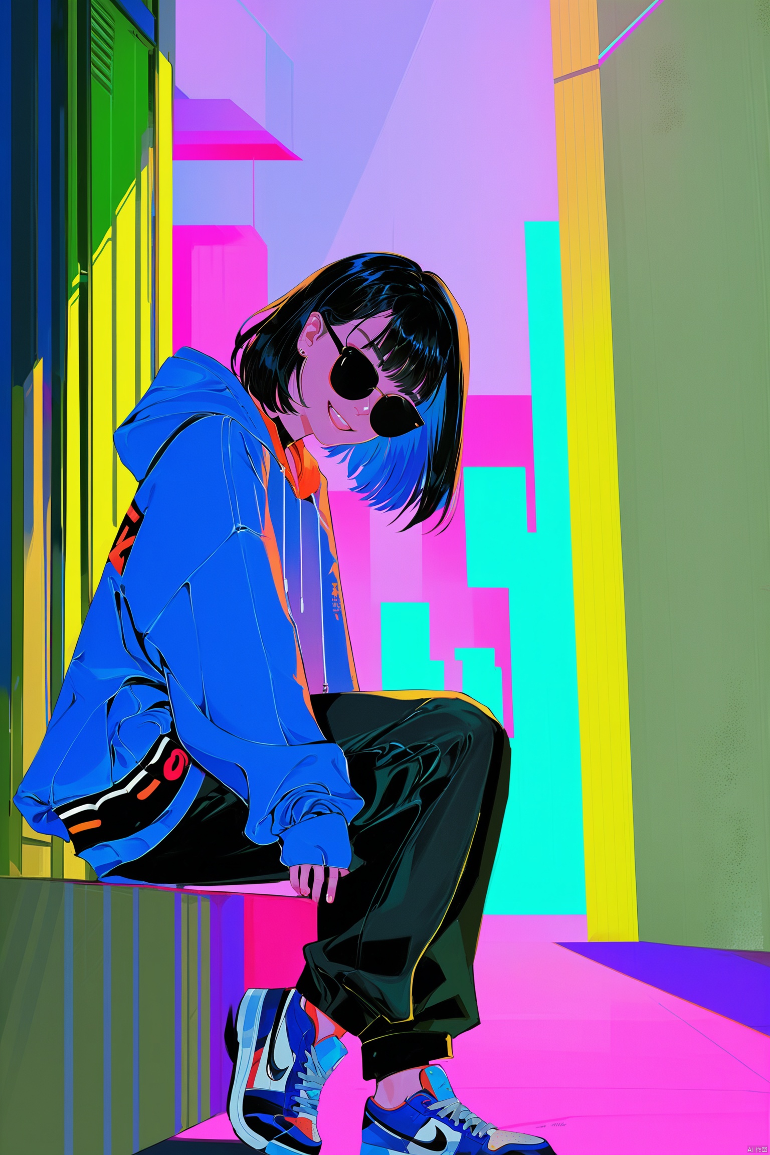 Digital art,illustration,Aksha _ Eve,1girl, solo, smile, looking at viewer,official Cloth,sitting on stairs outdoors city street,on night,sunglasses,Celluloid,High-quality, digital illustration, anime style, vibrant colors, smooth animation, detailed backgrounds, dynamic poses, expressive characters, stylish effects, futuristic elements, cyberpunk aesthetics, soft shading, clean lines, intricate designs, glowing accents, atmospheric lighting, rich textures, harmonious composition, engaging narrative, polished finish, 8k resolution, trending on Artstation, Unreal Engine 5, very aesthetic, absurdres.