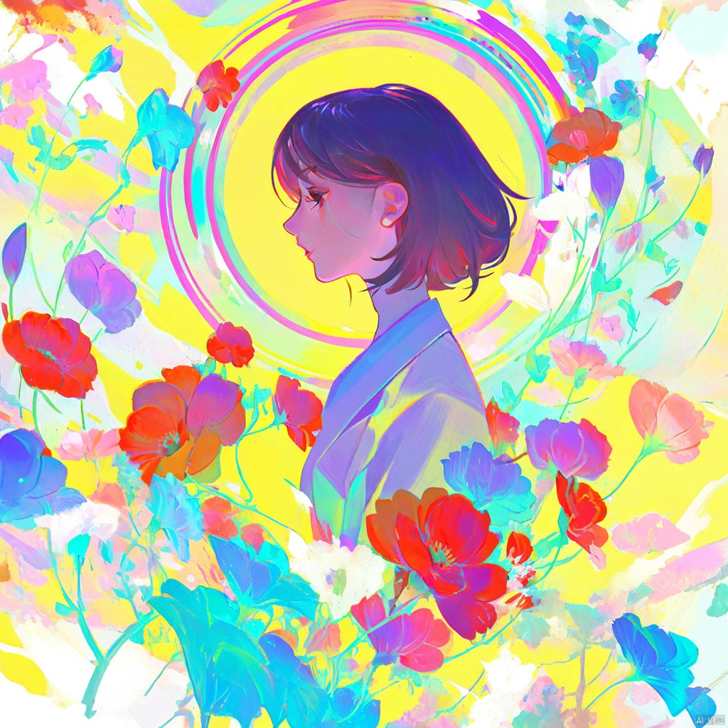  digital art illustration,数字艺术插画,女孩半身像,花朵环绕,分型艺术,炫彩,丰富颜色,