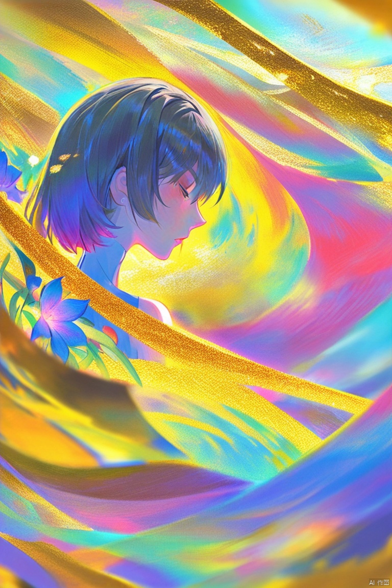 digital art illustration,女孩半身像,花朵环绕,分型艺术,抽象艺术,微距摄影,五颜六色的流沙,金粉闪闪,充满流体质感,整体五彩斑斓,梦幻色调,柔和色彩,