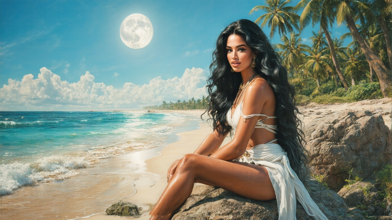 cinematic--realistic photo--rule of thirds shots--nikon d850,  Venus the goddess of beauty and love sits on a rock on the...