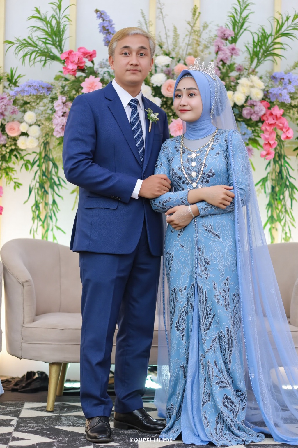 wedding photography,  the bride and groom standing in front of a floral backdrop,  rumsyah on Tensor.Art
