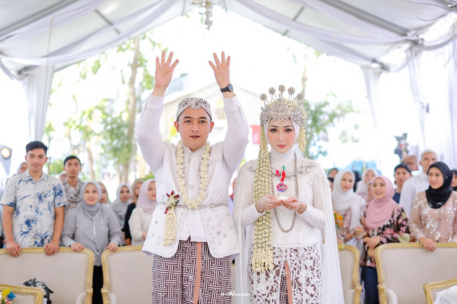 wedding photography,  the bride and groom standing in front of a white tent and guests,  CitraKirana on Tensor.Art