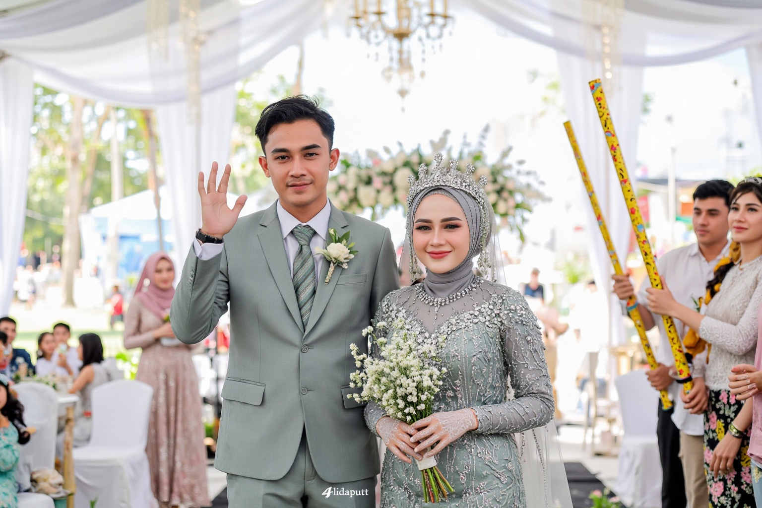 wedding photography,  the bride and groom standing inside white floral tent,  4rlidaputr1 on Tensor.Art