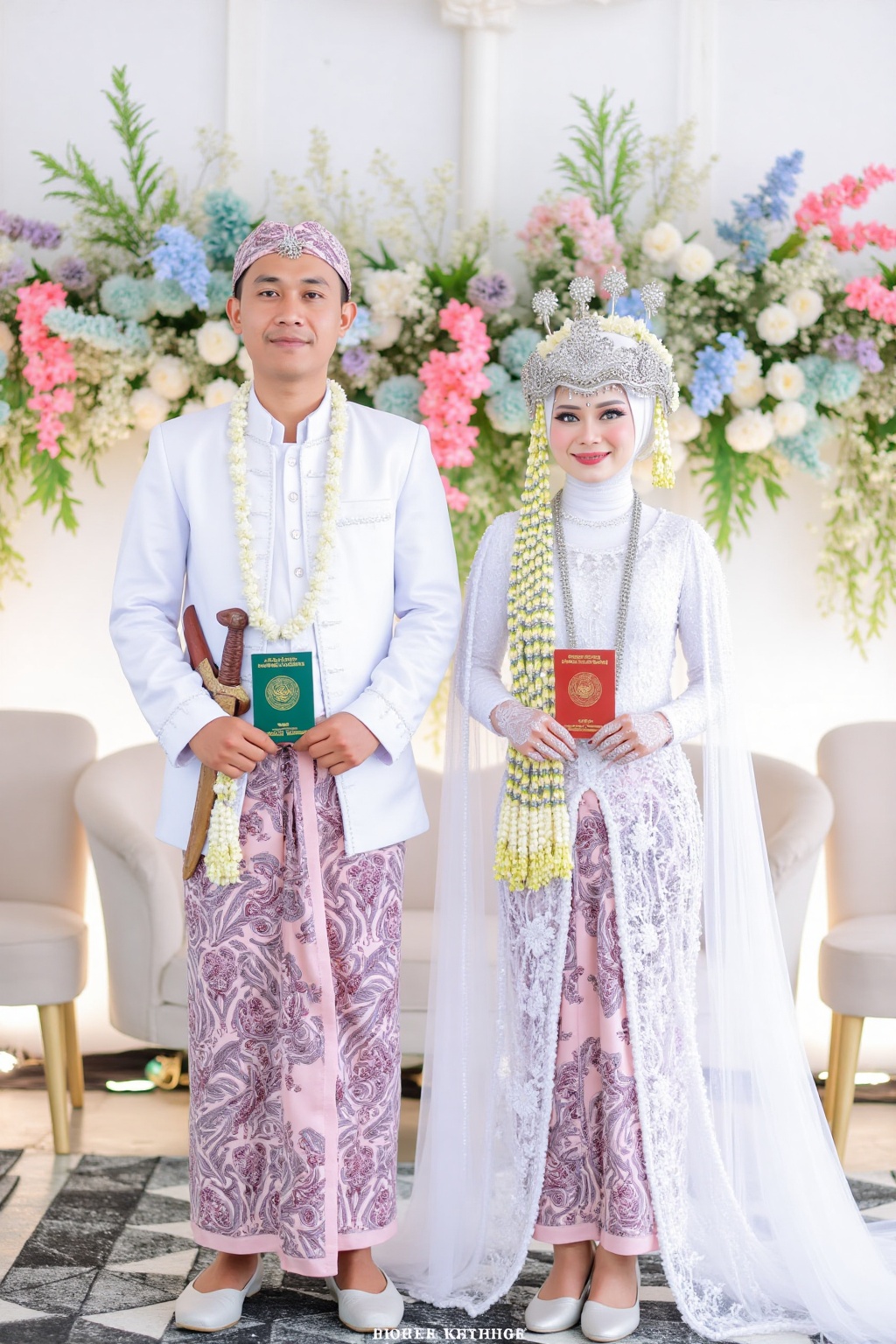 wedding photography,  the bride and groom standing in front of a wedding backdrop. the hijab woman on the right is Angelin...