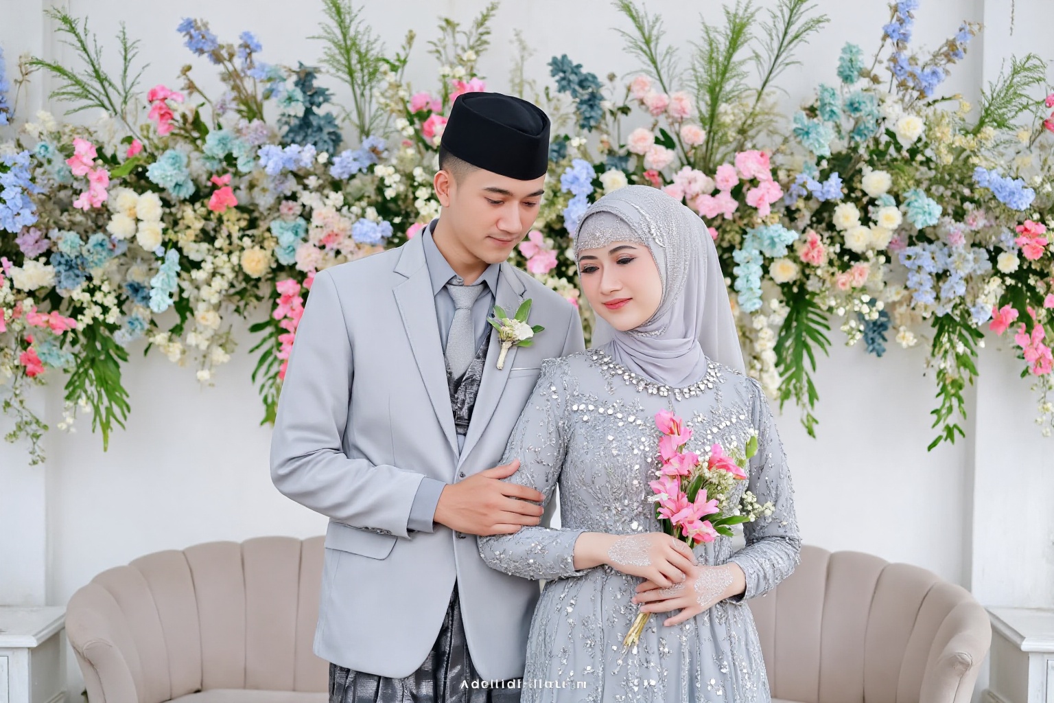 wedding photography,  the bride and groom standing in front of a flower backdrop,  AdelliaHalim on Tensor.Art