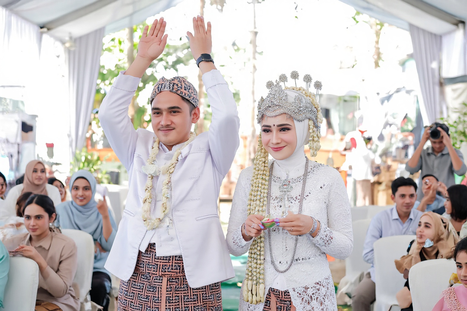 wedding photography,  the bride and groom standing in front of a white tent and guests,  Syifa Hadju on Tensor.Art
