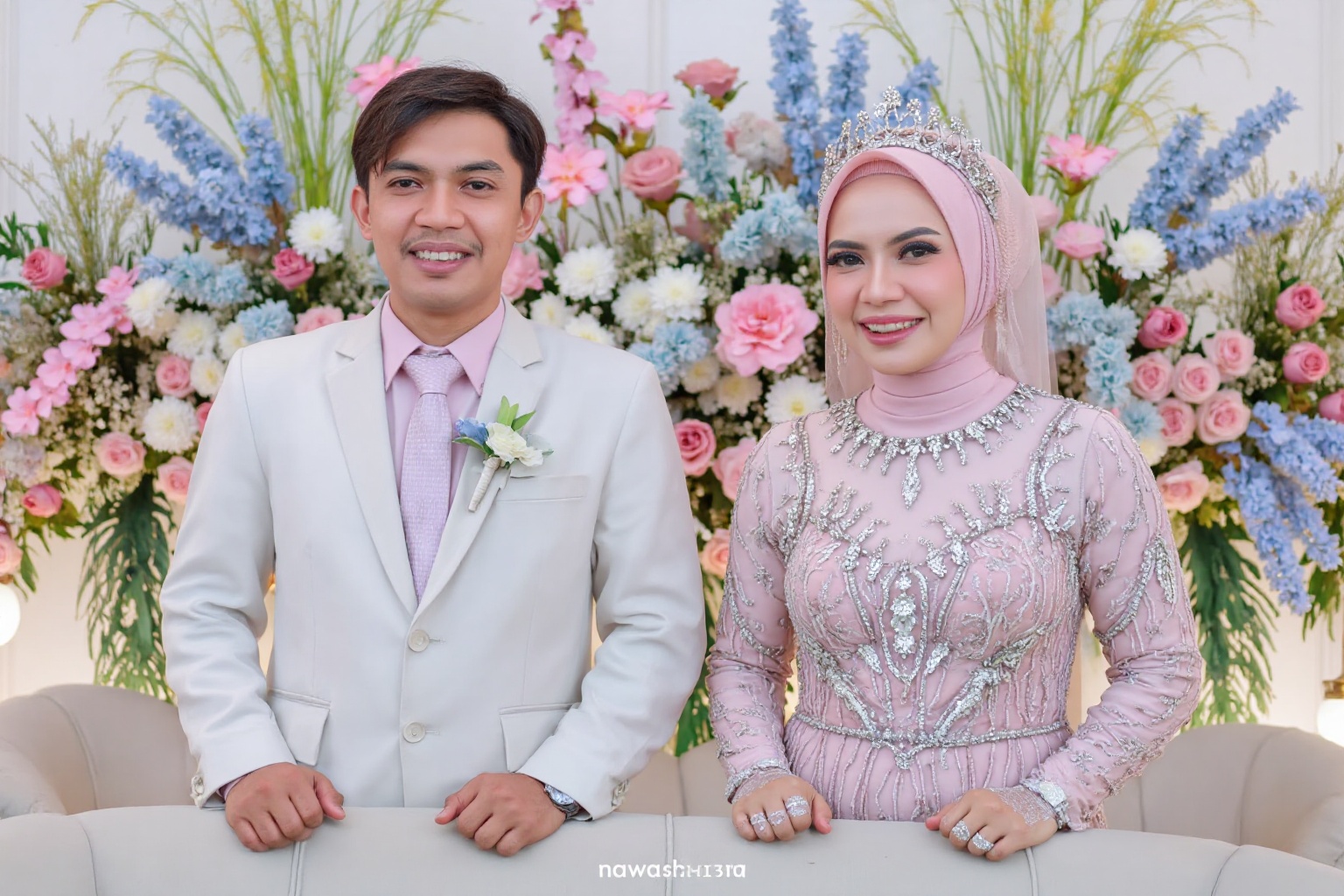 wedding photography,  the bride and groom standing in front of a floral backdrop,  najwashihab on Tensor.Art