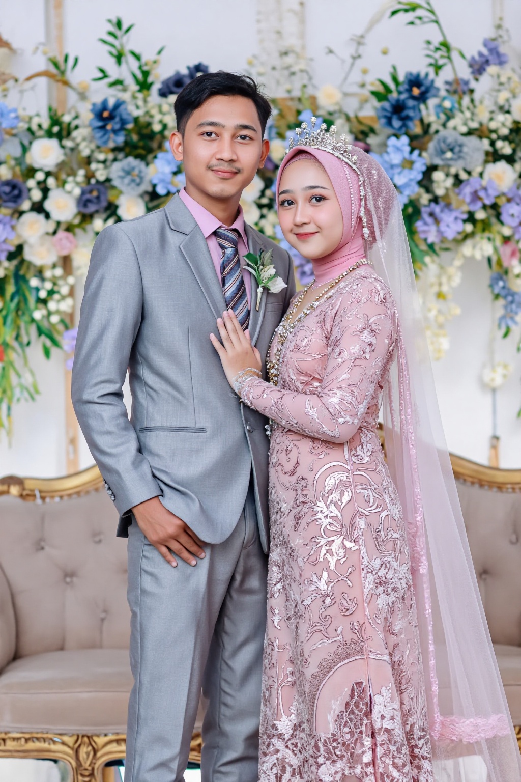 wedding photography,  the bride and groom standing in front of a floral backdrop,  sarti on Tensor.Art