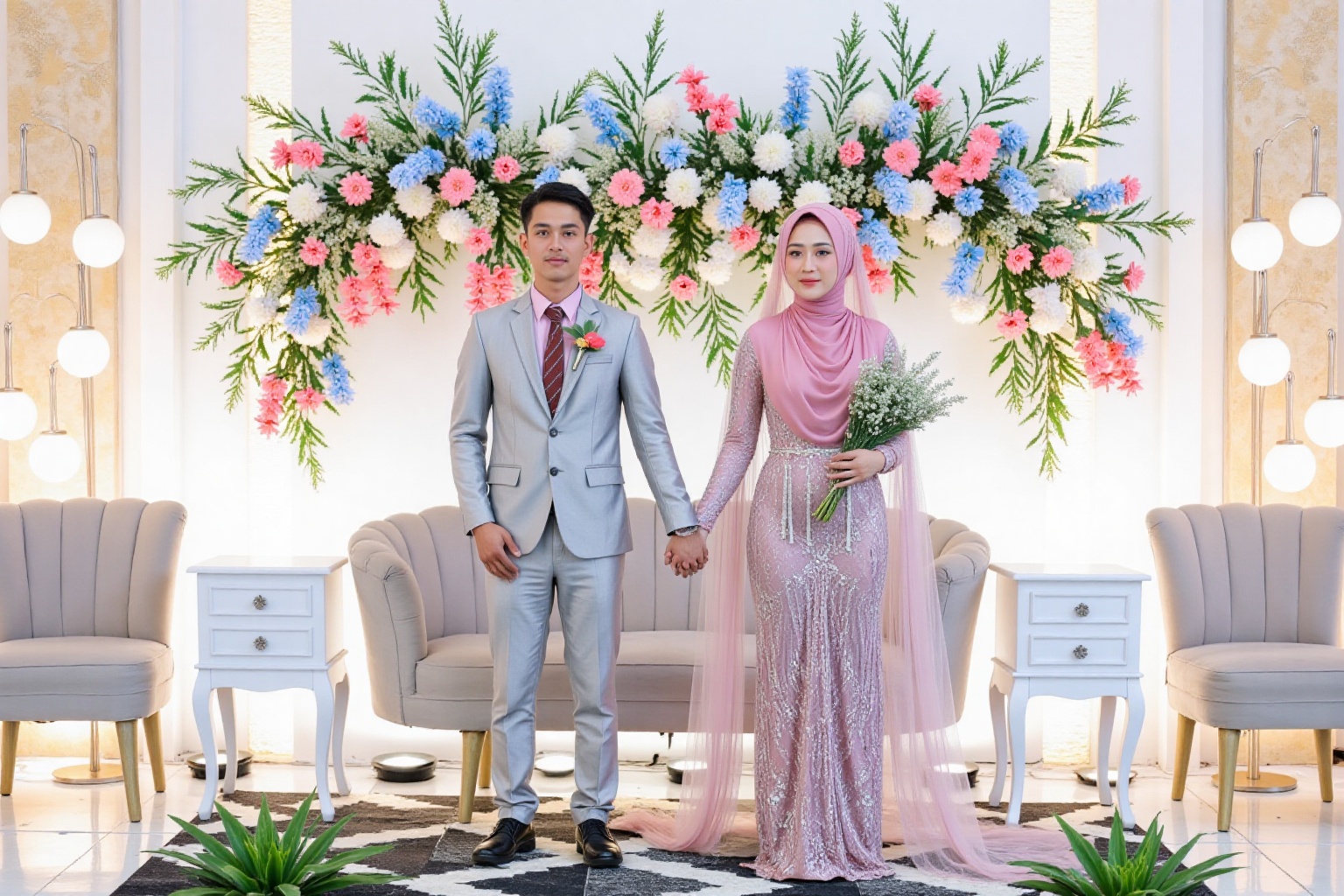 wedding photography,  the bride and groom standing in front of a wedding backdrop. Biyori,  the hijab woman on the right w...