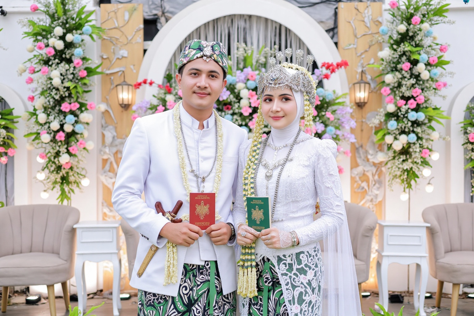 wedding photography,  the bride and groom standing in front of a wedding backdrop,  BulanSutena on Tensor.Art