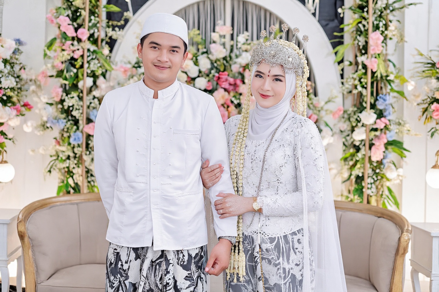 wedding photography,  the bride and groom standing in front of a wedding backdrop,  FaisaCh on Tensor.Art