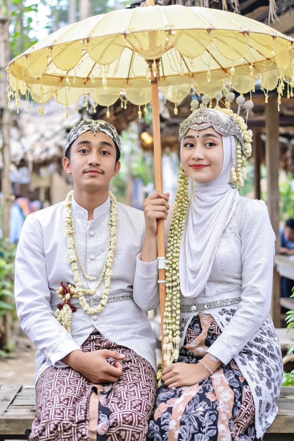 wedding photography,  the bride and groom seated under a yellow umbrella,  rumsyah on Tensor.Art