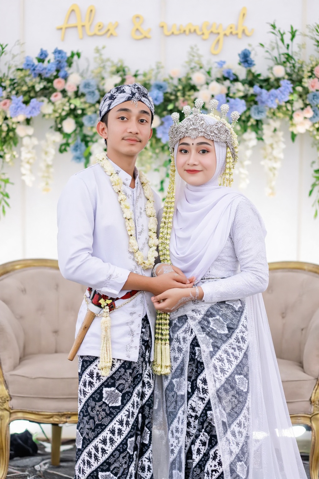 wedding photography,  the bride and groom standing in front of a wedding backdrop with the words "Alex & rumsyah,  " rumsy...