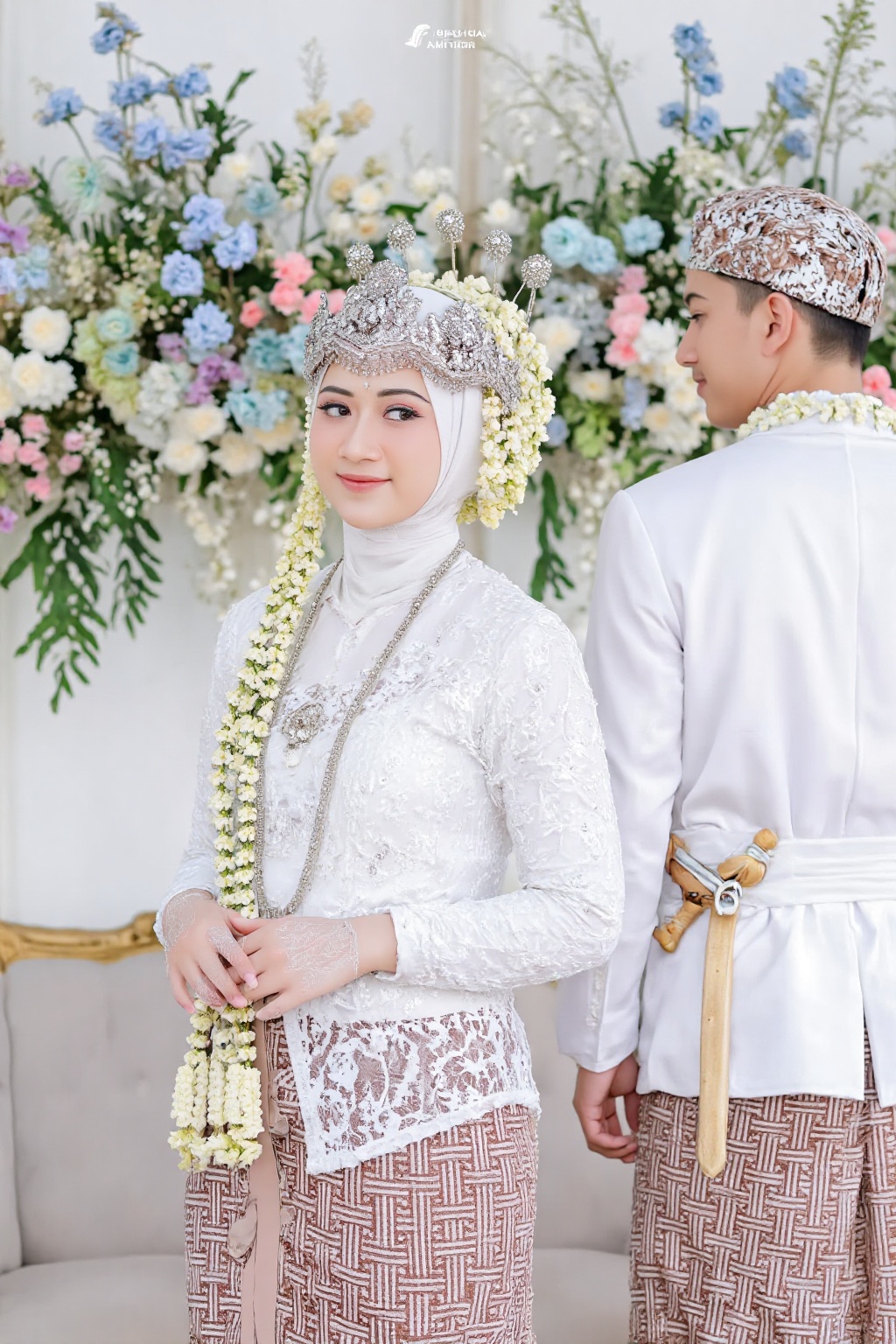 wedding photography,  the bride and groom standing in front of a floral backdrop,  AdelliaHalim on Tensor.Art