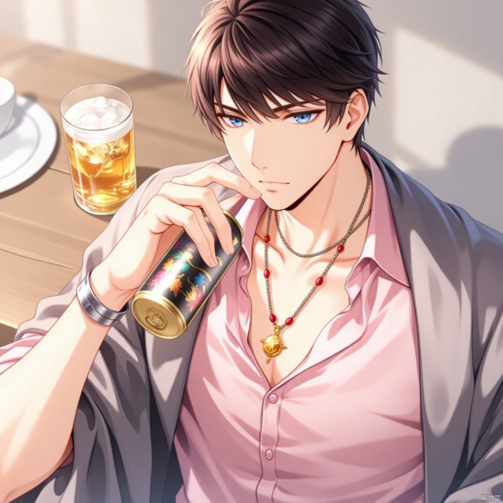 lizheya,An animated animated image of a man holding a can of beer in his right hand. His left arm is wrapped around a silver bracelet. He is wearing a gray shawl over his right shoulder. His right arm is draped over his left shoulder. The man's chest is covered in a pink shirt that is tied around his neck. His neck is adorned with three ornaments, including a gold chain with red beads and a silver chain. His hair is dark brown and short. His eyes are a piercing blue. To the left of the man, there is a glass filled with ice cubes. The background is blurred.,Lizheya