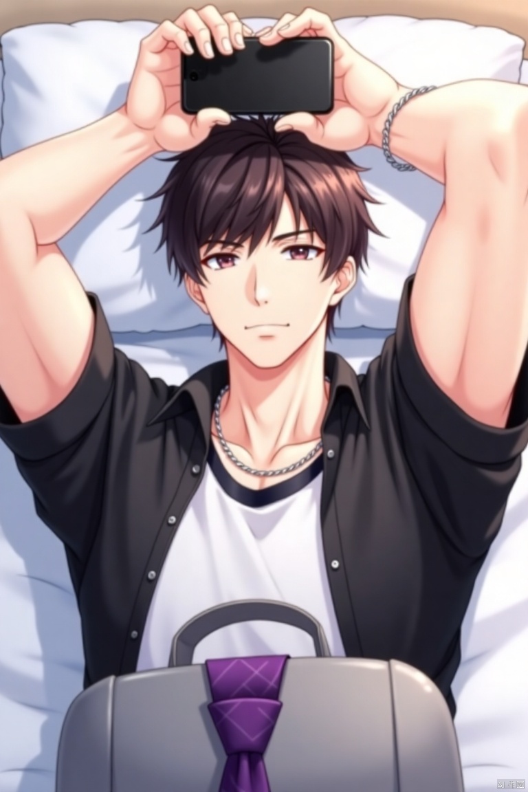 An animated animated image of a man in a black shirt and a white shirt with a silver chain around his neck. He is lying on a bed with a white pillow behind him. His hands are raised above his head, holding a black phone in his hands. His eyes are open and he is looking to the left. His hair is short and dark brown. His shirt is black with a black collar. A purple tie is hanging from a gray bag on the bed in front of him.,Lizheya