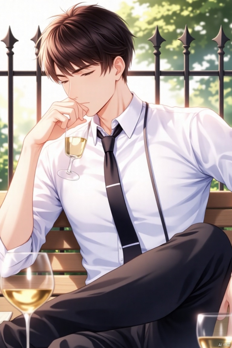 lizheya,An animated image of a man in a white shirt and black tie is sitting on a wooden bench. His left hand is resting on his hip and his right hand is on his chin. His eyes are closed and he is looking down. His hair is short and dark brown. His pants are black and his shirt has a white stripe down the center. His tie is black and has a black stripe going down the middle of it. He is holding a glass of wine in his left hand. The glass he is holding is filled with a yellow liquid. To the left of the man is a glass filled with white wine. Behind him is a black wrought iron fence.,Lizheya