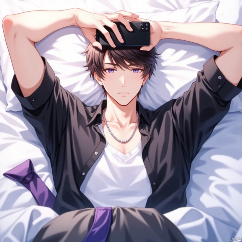 An animated animated image of a man in a black shirt and a white shirt with a silver chain around his neck. He is lying on a bed with a white pillow behind him. His hands are raised above his head, holding a black phone in his hands. His eyes are open and he is looking to the left. His hair is short and dark brown. His shirt is black with a black collar. A purple tie is hanging from a gray bag on the bed in front of him.,Lizheya
