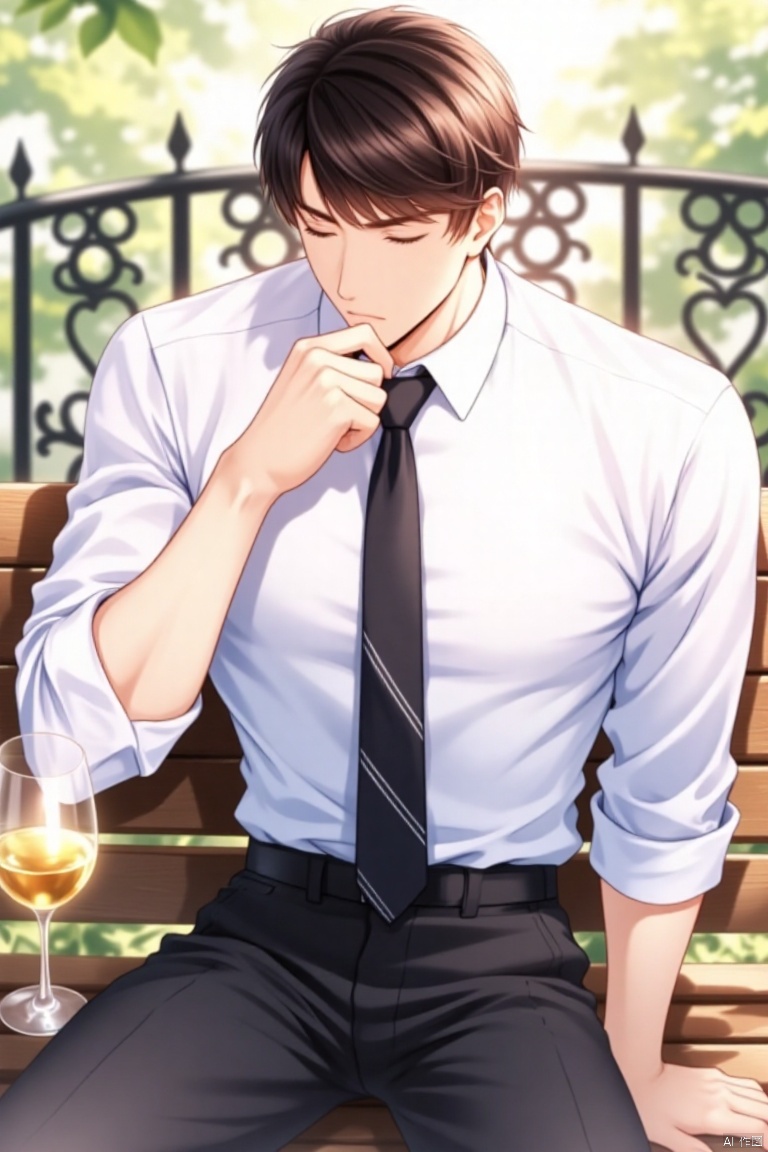 lizheya,An animated image of a man in a white shirt and black tie is sitting on a wooden bench. His left hand is resting on his hip and his right hand is on his chin. His eyes are closed and he is looking down. His hair is short and dark brown. His pants are black and his shirt has a white stripe down the center. His tie is black and has a black stripe going down the middle of it. He is holding a glass of wine in his left hand. The glass he is holding is filled with a yellow liquid. To the left of the man is a glass filled with white wine. Behind him is a black wrought iron fence.,Lizheya