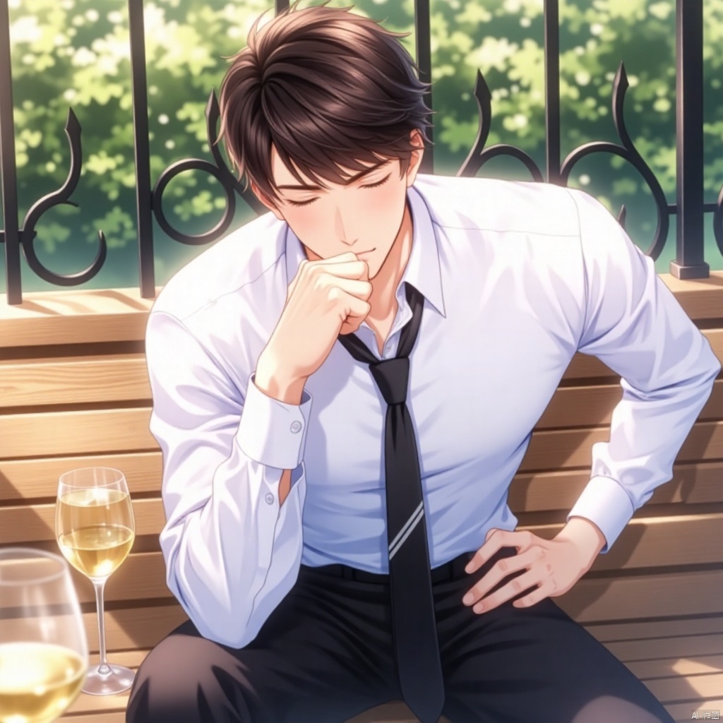 lizheya,An animated image of a man in a white shirt and black tie is sitting on a wooden bench. His left hand is resting on his hip and his right hand is on his chin. His eyes are closed and he is looking down. His hair is short and dark brown. His pants are black and his shirt has a white stripe down the center. His tie is black and has a black stripe going down the middle of it. He is holding a glass of wine in his left hand. The glass he is holding is filled with a yellow liquid. To the left of the man is a glass filled with white wine. Behind him is a black wrought iron fence.,Lizheya