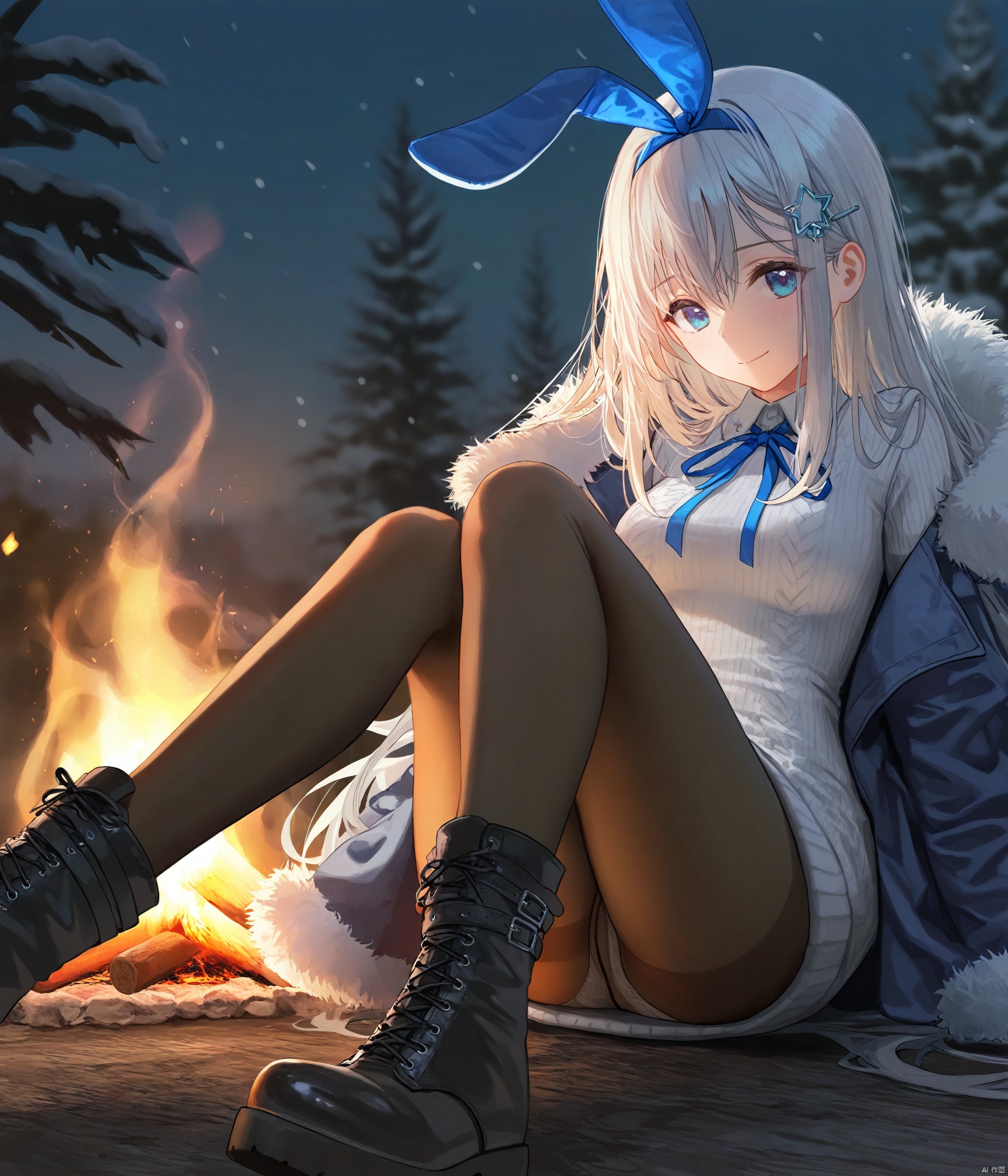 1girl, solo, petite loli, long hair, white hair, bangs, blue eyes, medium breasts, hair ornament, ribbon, hair between eyes, fake animal ears, hair ribbon, hairband, hairclip, star \(symbol\), neck ribbon, blue ribbon, star hair ornament, blue hairband, rabbit ears, blue ears, boots, pantyhose, fur-trimmed coat, sweater, sweater dress, winter, outdoors, panties under pantyhose, sitting while bonfire besides, snowing dusk, knees together, 

jima,torino_aqua,miwabe_sakura,(wlop:0.8),ciloranko,iumu,ask_\(askzy\),bison_cangshu,yunsang,ningen_mame,sho_\(sho_lwlw\),rhasta,(deyui:0.4),chen_bin,gujianshaonu,turisasu,nekojira,omone_hokoma_agm,maximalism, 

official art,depth of field,high contrast,colorful,detailed light,light leaks,beautiful detailed glow,best shadow,shiny skin,cinematic lighting,ray tracing, 

(best quality,amazing quality,very aesthetic,absurdres,beast quality,masterpiece,ultra detailed, newest,8K,HDR:1.1)