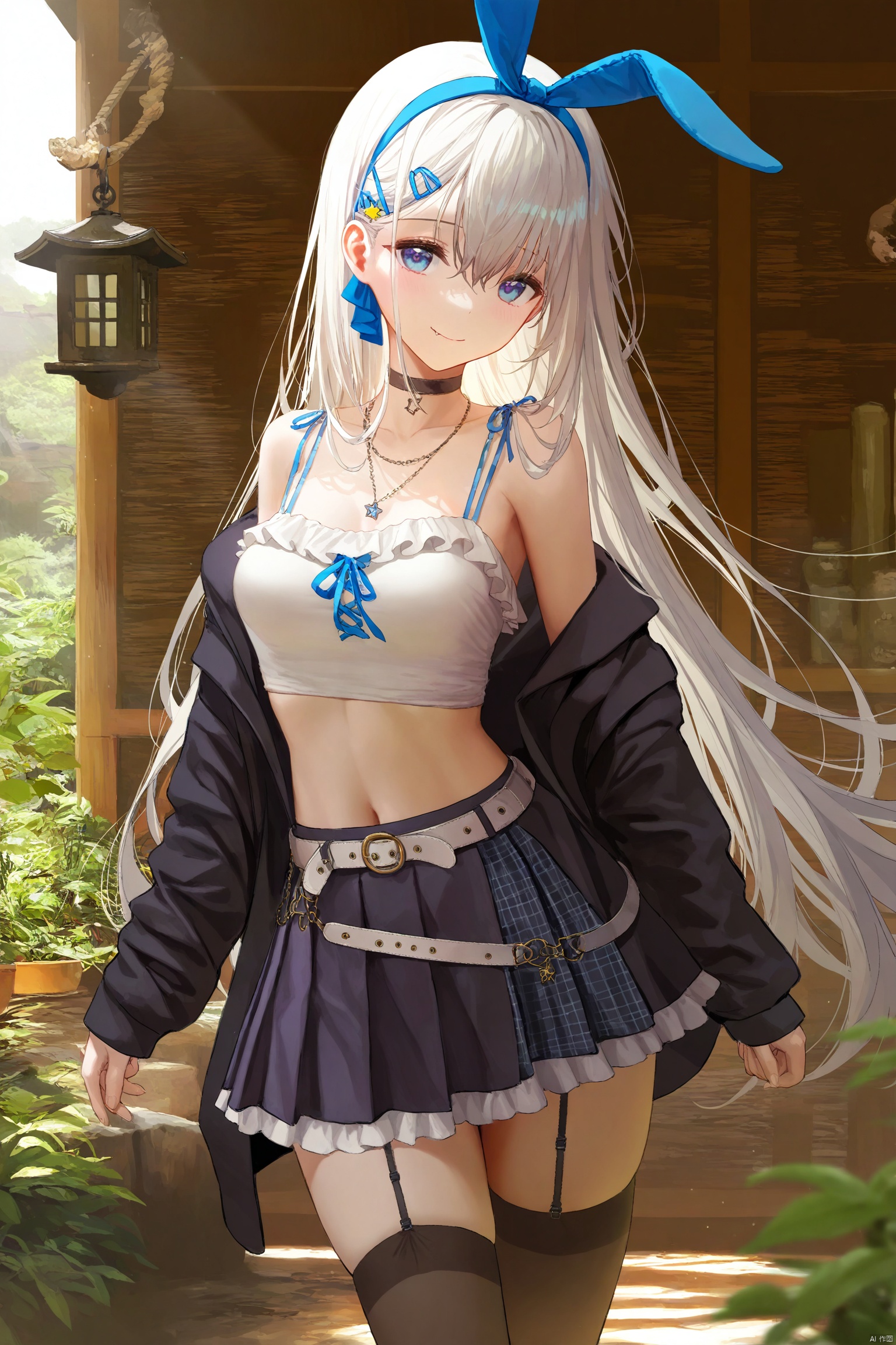 1girl, solo, petite, long hair, white hair, bangs, blue eyes, medium breasts, hair ornament, ribbon, hair between eyes, fake animal ears, hair ribbon, hairband, hairclip, star \(symbol\), neck ribbon, blue ribbon, star hair ornament, blue hairband, rabbit ears, blue ears,
looking at viewer, smile, skirt, thighhighs, long sleeves, bare shoulders, jewelry, very long hair, closed mouth, standing, collarbone, jacket, cowboy shot, pleated skirt, outdoors, frills, open clothes, choker, day, fang, midriff, belt, black thighhighs, miniskirt, black skirt, necklace, off shoulder, stomach, blurry, open jacket, zettai ryouiki, black jacket, crop top, plaid, depth of field, garter straps, black choker, frilled skirt, spaghetti strap, white belt, 

jima,torino_aqua,miwabe_sakura,(wlop:0.8),ciloranko,iumu,ask_\(askzy\),bison_cangshu,yunsang,ningen_mame,sho_\(sho_lwlw\),rhasta,(deyui:0.4),chen_bin,gujianshaonu,turisasu,nekojira,omone_hokoma_agm,maximalism, 

official art,depth of field,high contrast,colorful,detailed light,light leaks,beautiful detailed glow,best shadow,shiny skin,cinematic lighting,ray tracing, 

(best quality,amazing quality,very aesthetic,absurdres,beast quality,masterpiece,ultra detailed, newest,8K,HDR:1.1)