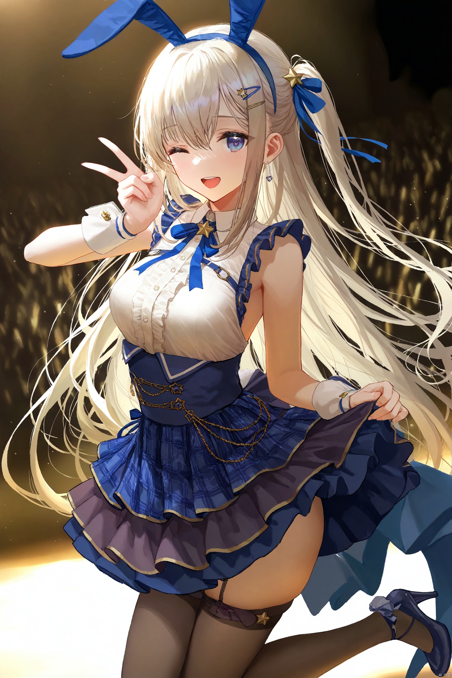 1girl, solo, petite, long hair, white hair, bangs, blue eyes, medium breasts, hair ornament, ribbon, hair between eyes, fake animal ears, hair ribbon, hairband, hairclip, star \(symbol\), neck ribbon, blue ribbon, star hair ornament, blue hairband, rabbit ears, blue ears,
idol, official alternative costume, azur lane, idol clothes, high heels, one eye closed, open mouth, v, smile, ;d, bokeh, blurry background, hand up, standing on one leg, leg up,

jima,torino_aqua,miwabe_sakura,(wlop:0.8),ciloranko,iumu,ask_\(askzy\),bison_cangshu,yunsang,ningen_mame,sho_\(sho_lwlw\),rhasta,(deyui:0.4),chen_bin,gujianshaonu,turisasu,nekojira,omone_hokoma_agm,maximalism, 

official art,depth of field,high contrast,colorful,detailed light,light leaks,beautiful detailed glow,best shadow,shiny skin,cinematic lighting,ray tracing, 

(best quality,amazing quality,very aesthetic,absurdres,beast quality,masterpiece,ultra detailed, newest,8K,HDR:1.1)