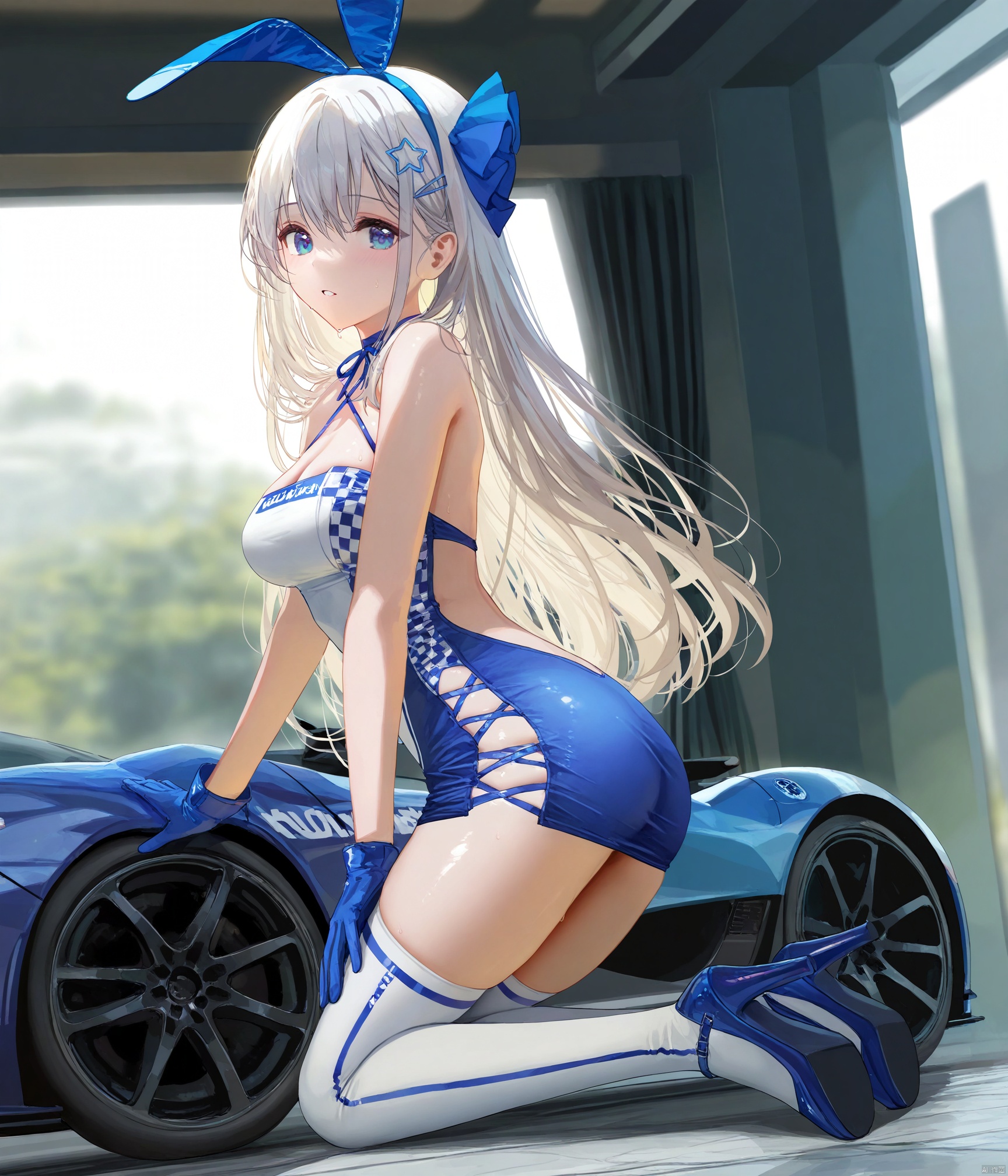 1girl, solo, petite, long hair, white hair, bangs, blue eyes, medium breasts, hair ornament, ribbon, hair between eyes, fake animal ears, hair ribbon, hairband, hairclip, star \(symbol\), neck ribbon, blue ribbon, star hair ornament, blue hairband, rabbit ears, blue ears,
race queen, halter dress, pelvic curtain, criss-cross halter, halterneck, white thighhighs, gloves, high heels,
kneeling, from side, 

jima,torino_aqua,miwabe_sakura,(wlop:0.8),ciloranko,iumu,ask_\(askzy\),bison_cangshu,yunsang,ningen_mame,sho_\(sho_lwlw\),rhasta,(deyui:0.4),chen_bin,gujianshaonu,turisasu,nekojira,omone_hokoma_agm,maximalism, 

official art,depth of field,high contrast,colorful,detailed light,light leaks,beautiful detailed glow,best shadow,shiny skin,cinematic lighting,ray tracing, 

(best quality,amazing quality,very aesthetic,absurdres,beast quality,masterpiece,ultra detailed, newest,8K,HDR:1.1)
