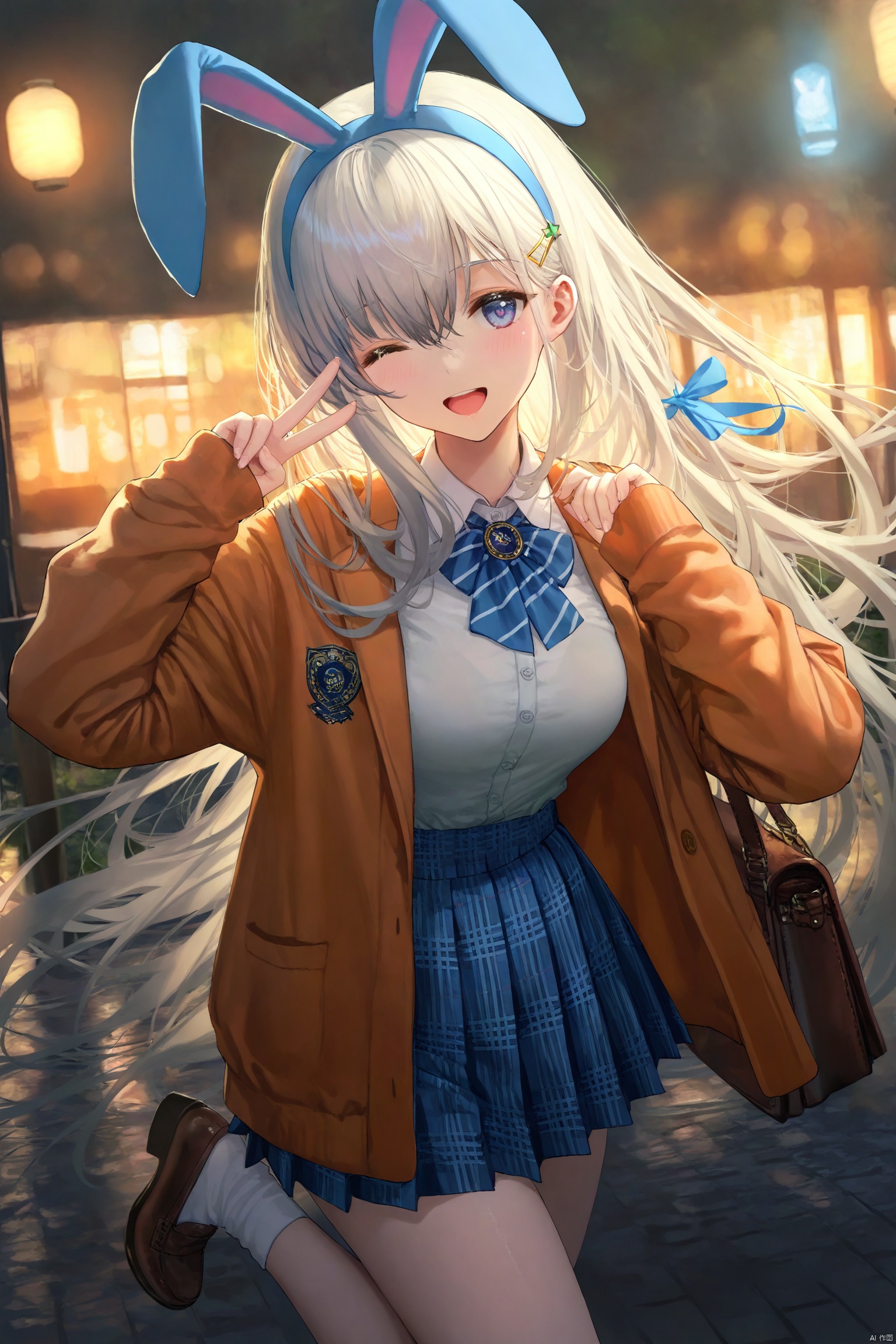 1girl, solo, petite, long hair, white hair, bangs, blue eyes, medium breasts, hair ornament, ribbon, hair between eyes, fake animal ears, hair ribbon, hairband, hairclip, star \(symbol\), neck ribbon, blue ribbon, star hair ornament, blue hairband, rabbit ears, blue ears,
one eye closed, open mouth, jacket, skirt, v, blush, heart, smile, shirt, long sleeves, plaid skirt, plaid, ;d, sleeves past wrists, pleated skirt, (outdoors, bokeh, blurry background), hand up, open jacket, standing, standing on one leg, leg up, socks, loafers, open clothes, 

jima,torino_aqua,miwabe_sakura,(wlop:0.8),ciloranko,iumu,ask_\(askzy\),bison_cangshu,yunsang,ningen_mame,sho_\(sho_lwlw\),rhasta,(deyui:0.4),chen_bin,gujianshaonu,turisasu,nekojira,omone_hokoma_agm,maximalism, 

official art,depth of field,high contrast,colorful,detailed light,light leaks,beautiful detailed glow,best shadow,shiny skin,cinematic lighting,ray tracing, 

(best quality,amazing quality,very aesthetic,absurdres,beast quality,masterpiece,ultra detailed, newest,8K,HDR:1.1)