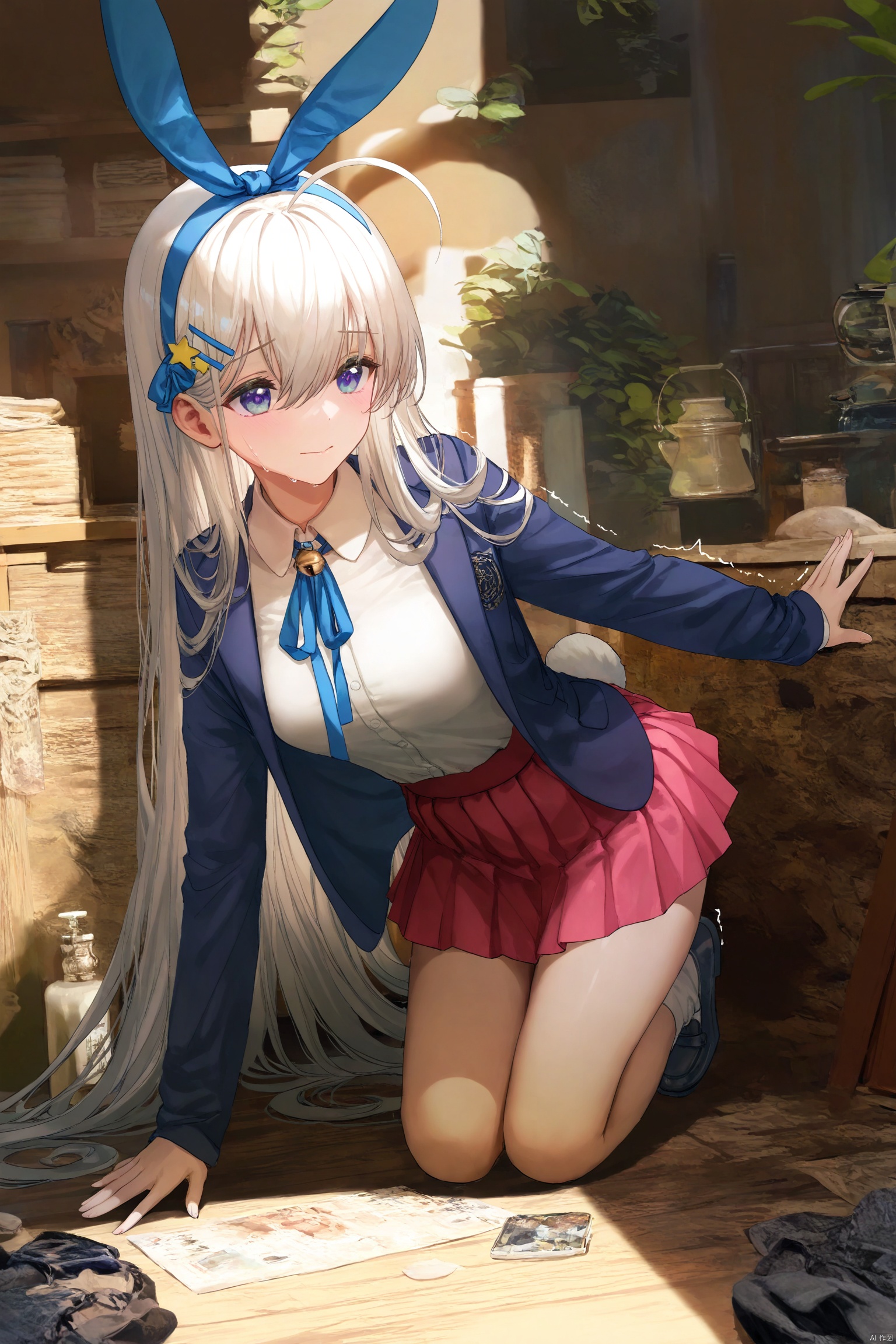 1girl, solo, petite, long hair, white hair, bangs, blue eyes, medium breasts, hair ornament, ribbon, hair between eyes, fake animal ears, hair ribbon, hairband, hairclip, star \(symbol\), neck ribbon, blue ribbon, star hair ornament, blue hairband, rabbit ears, blue ears,
skirt, shirt, long sleeves, bow, very long hair, jacket, tail, full body, white shirt, ahoge, pleated skirt, open clothes, bell, red skirt, trembling, blue jacket, jingle bell, pink skirt, Sadness, Look at the ground, tear, 

jima,torino_aqua,miwabe_sakura,(wlop:0.8),ciloranko,iumu,ask_\(askzy\),bison_cangshu,yunsang,ningen_mame,sho_\(sho_lwlw\),rhasta,(deyui:0.4),chen_bin,gujianshaonu,turisasu,nekojira,omone_hokoma_agm,maximalism, 

official art,depth of field,high contrast,colorful,detailed light,light leaks,beautiful detailed glow,best shadow,shiny skin,cinematic lighting,ray tracing, 

(best quality,amazing quality,very aesthetic,absurdres,beast quality,masterpiece,ultra detailed, newest,8K,HDR:1.1)