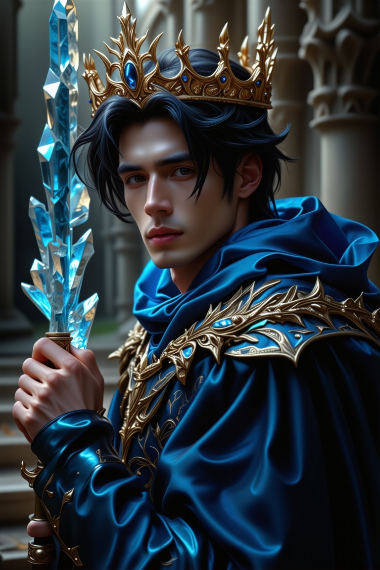 A handsome prince of wind with black hairs,  a complex and gorgeous crown in head,  a complex and gorgeous wand in hand in...