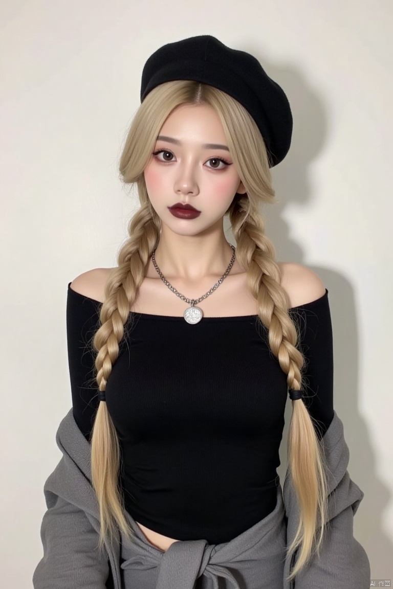  The image is a vertically oriented photograph of a young woman, possibly of Asian descent, who appears to be a model. She has long, blonde hair styled in two braids that drape over her shoulders. She is wearing a black beret and a black off-the-shoulder sweater, with a gray jacket tied around her waist. A silver chain necklace with a round pendant adorns her neck. Her makeup is notable, featuring dark red lipstick and dark eyeshadow, and she has brown eyes. The woman is looking directly at the camera, with a serious expression. The background is a plain white wall, and there is a slight shadow cast behind her, suggesting the light source is positioned to the left.